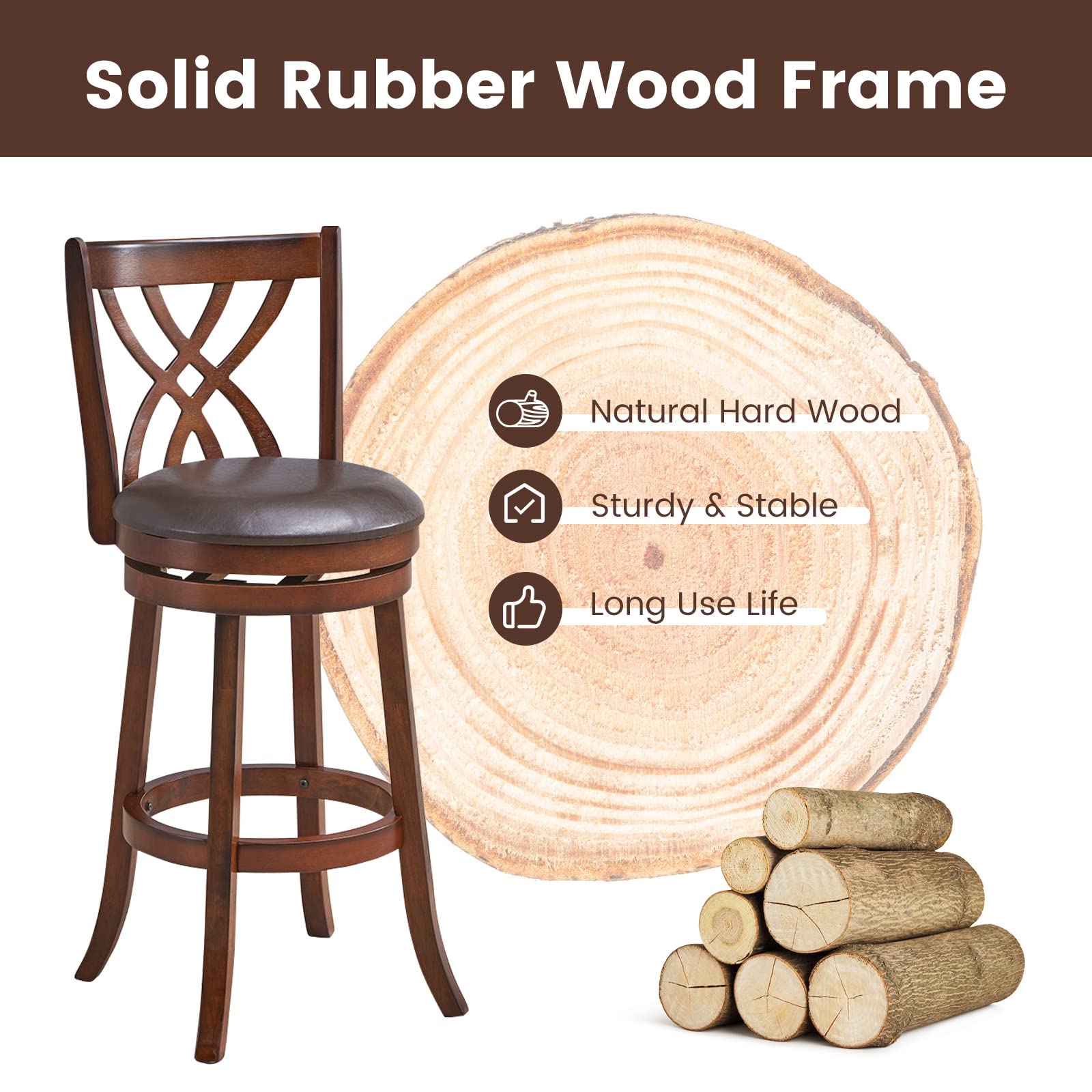 Giantex Brown Bar Stools PU Leather Cushioned Seat and Footrests, for Kitchen Island