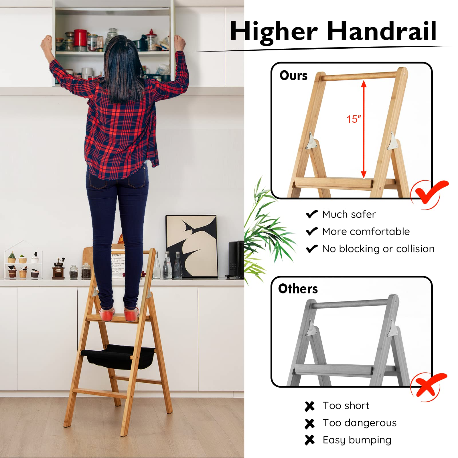 100% Bamboo Folding Step Stool with Handrail | 3 Step Ladder