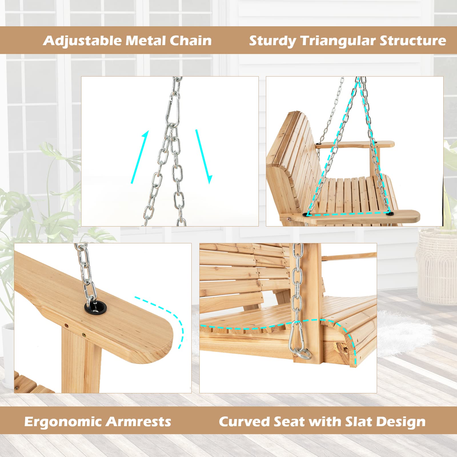 Giantex Outdoor Hanging Porch Swing - 2-Seat Wood Swing Bench