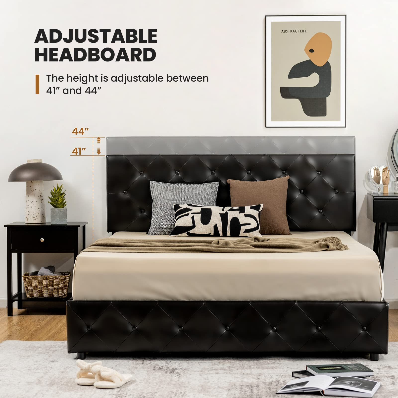Upholstered PU Leather Platform Bed Frame w/ 4 Storage Drawers, Adjustable Headboard & Solid Wooden Slats