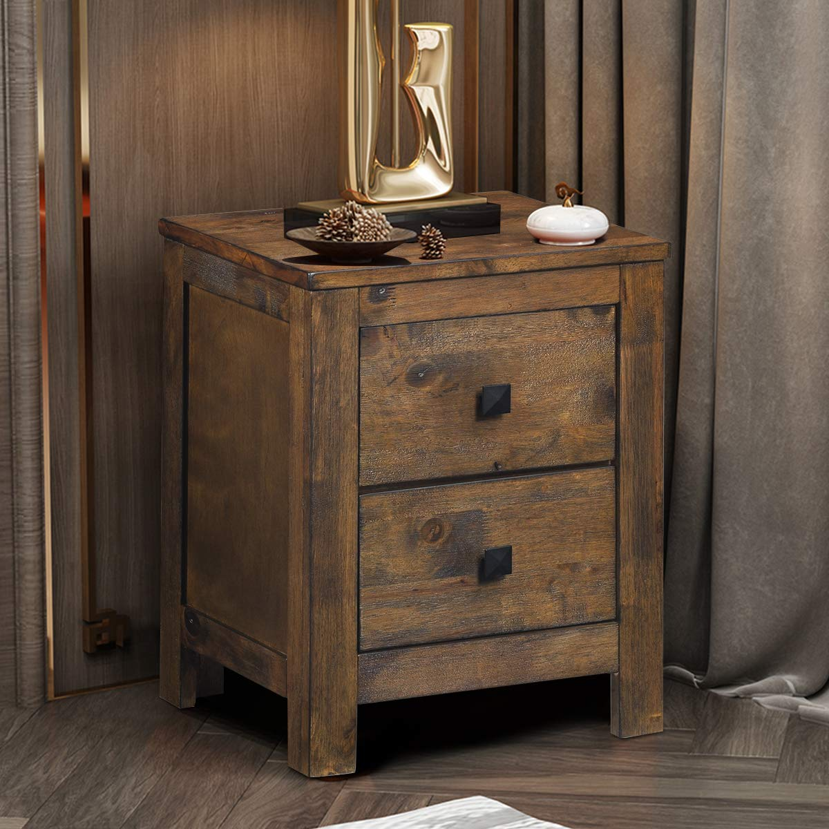 Giantex Nightstand with 2 Sliding Drawers, Full Assembled Rustic Multipurpose Storage Beside Table for Bedroom