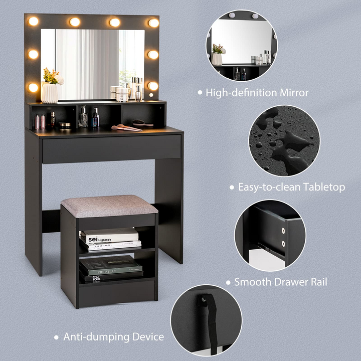CHARMAID Vanity Table Set with Lighted Mirror, 8 Bulbs, Large Drawer