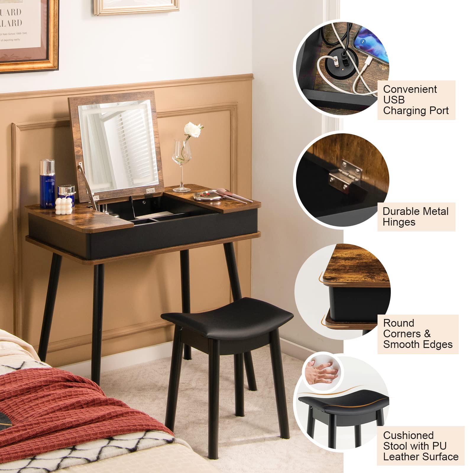 CHARMAID Vanity Desk with 3-Color Lighted Flip Top Mirror, Makeup Dressing Table Set Writing Desk with Cushioned Stool
