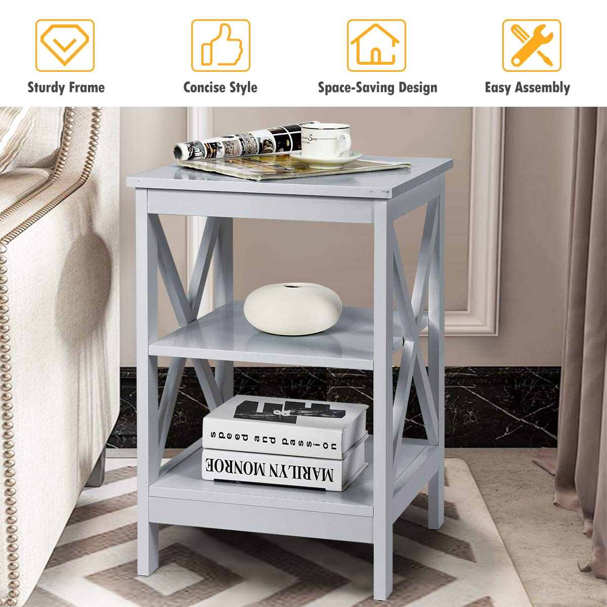 Nightstand 3-Tier X-Design W/Storage Shelves and Stable Structure Storage Organizer Display Sofa Side Table