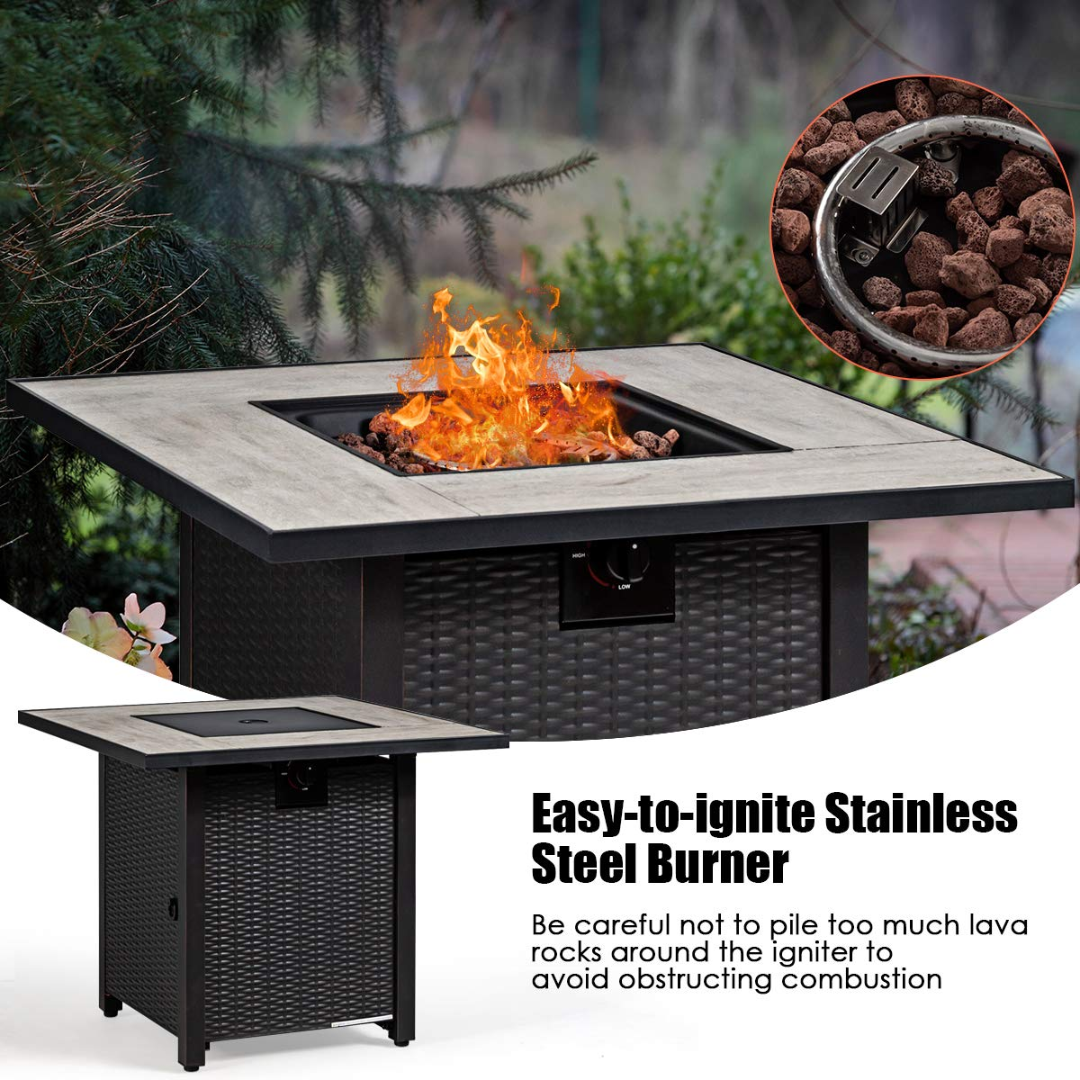 Giantex Propane Fire Pit Table, 30 inch 50,000 BTU Square Gas Firepits w/ Ceramic Tabletop