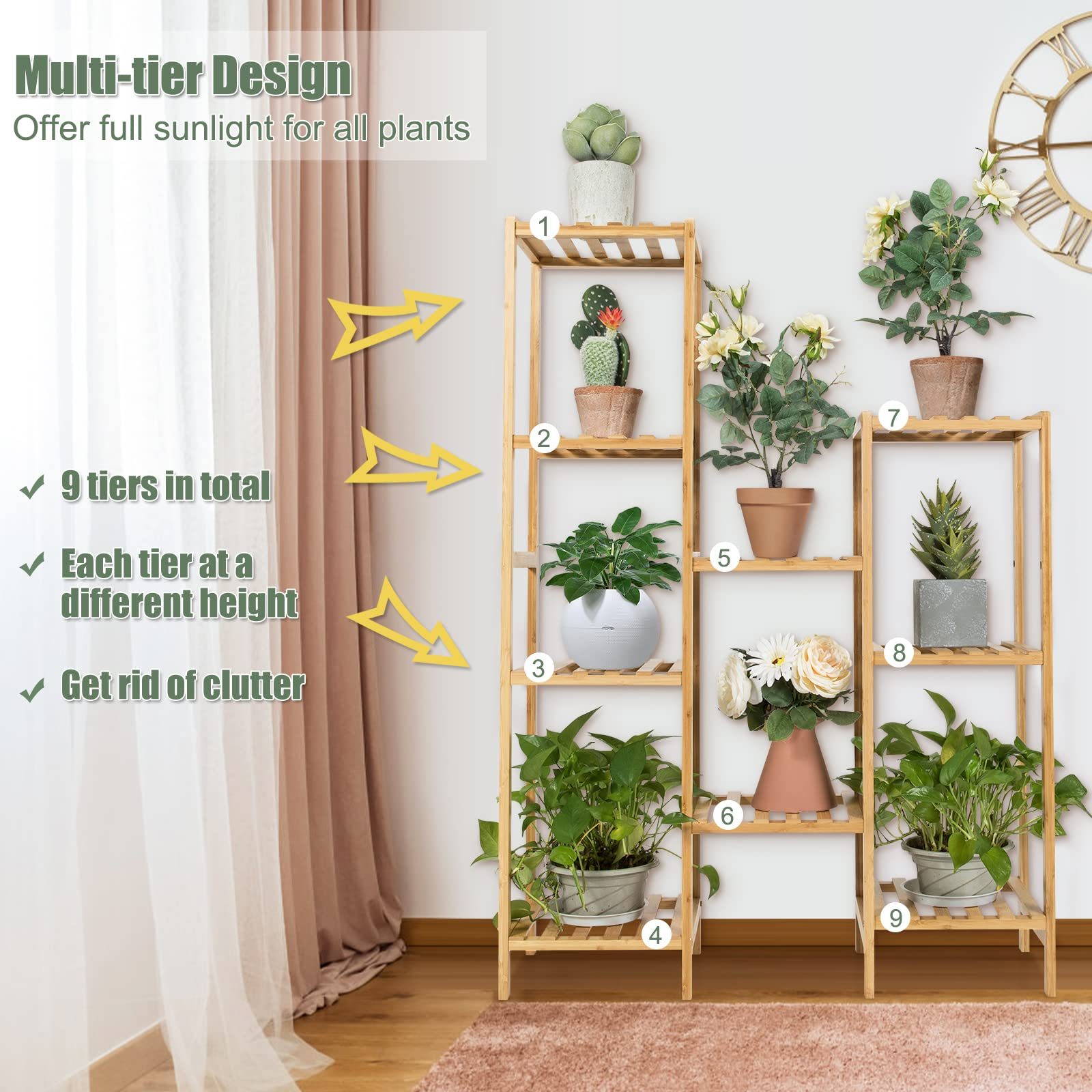 Giantex 9 Tiers Bamboo Plant Stand for Indoor Plants Multiple, Plant Shelf Flower Pots Holder