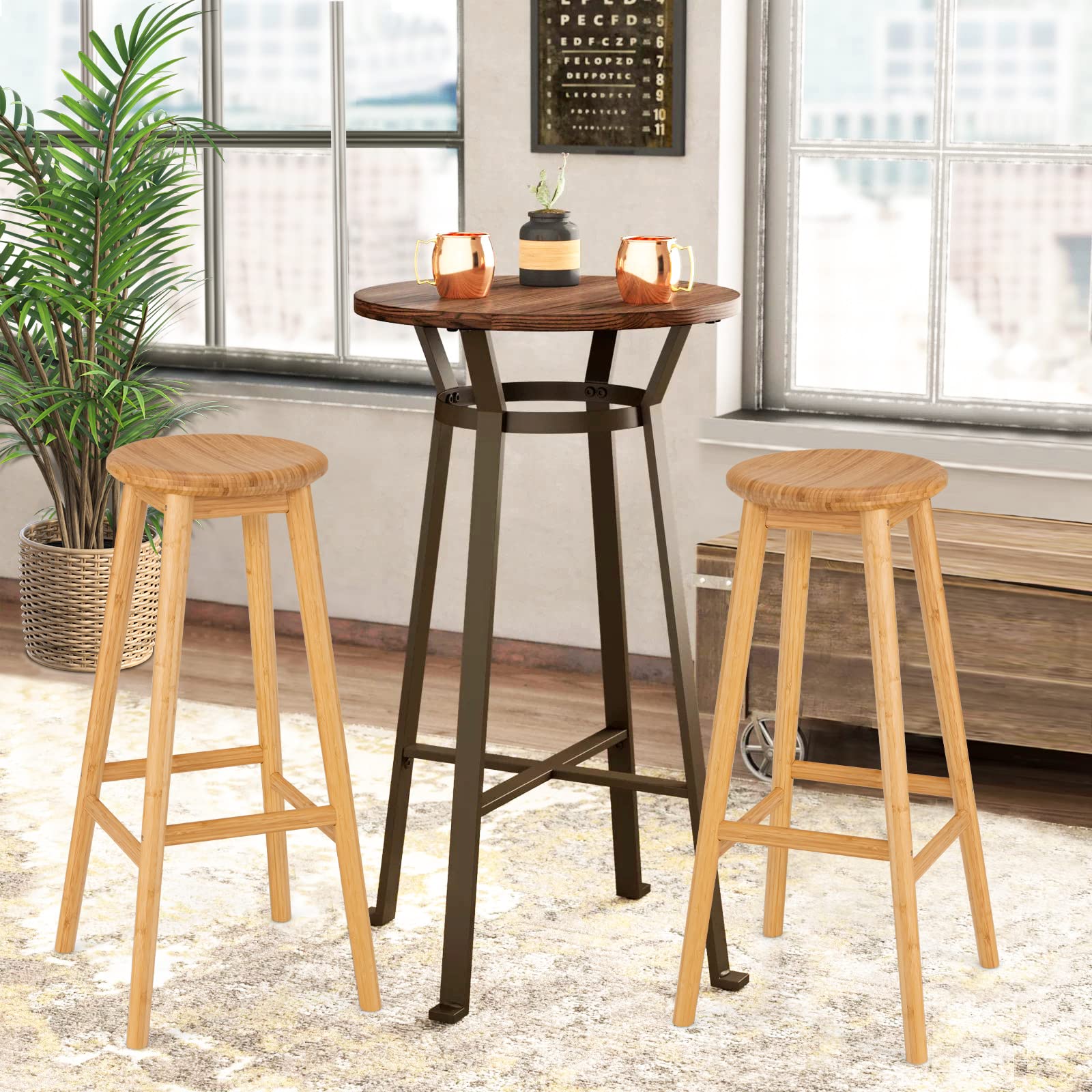 Giantex Bamboo Bar Stools, 31-Inch Height Round Seat Breakfast Dining Chairs with Footrest