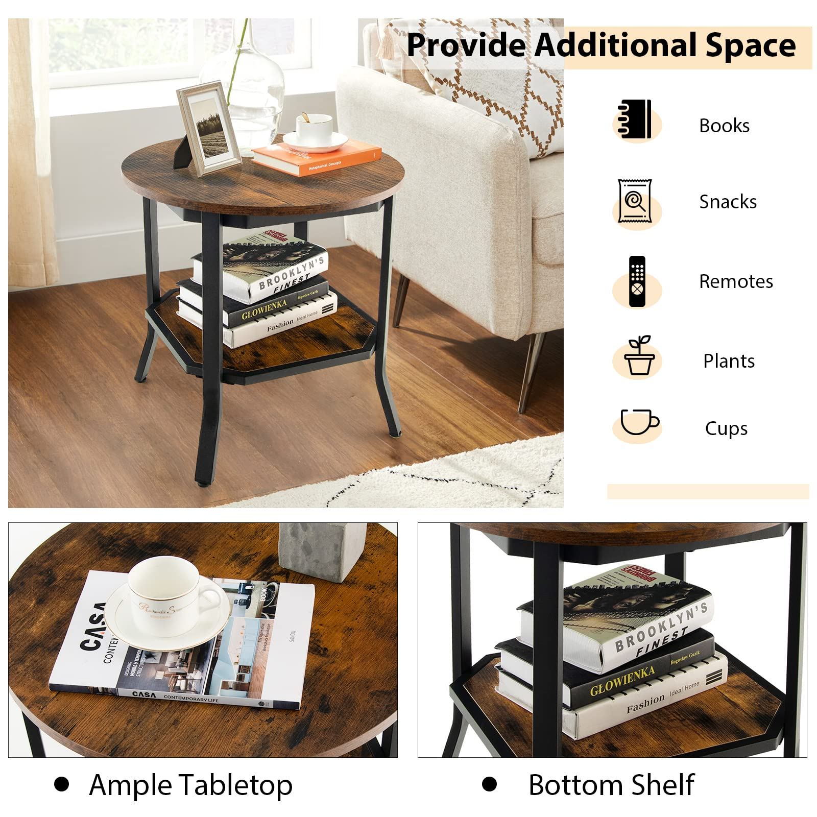 Giantex Round End Table, Industrial Nightstand w/Storage Shelf
