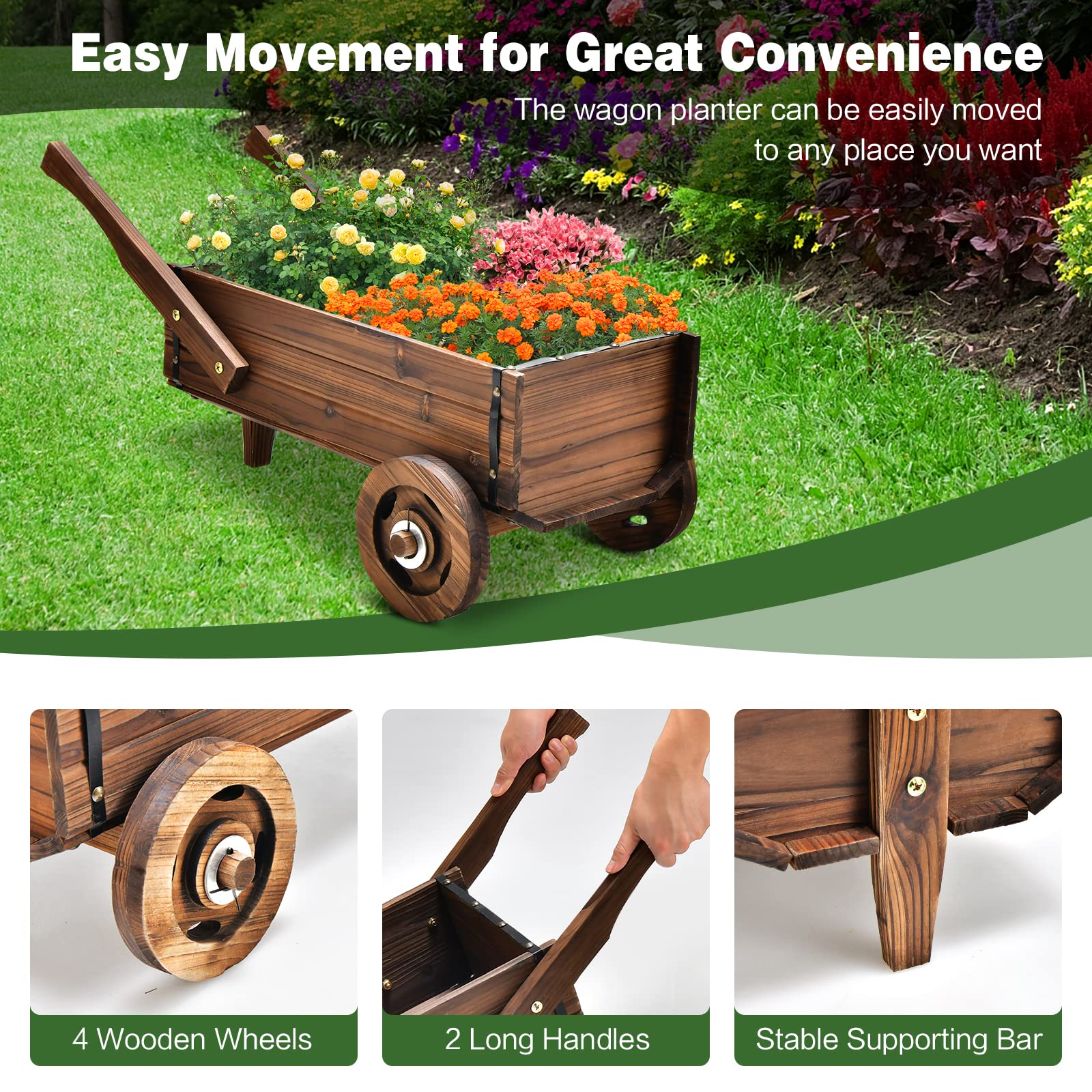 Giantex Wooden Wagon Planter Box, Decorative Wagon Cart with Wheels, Handles