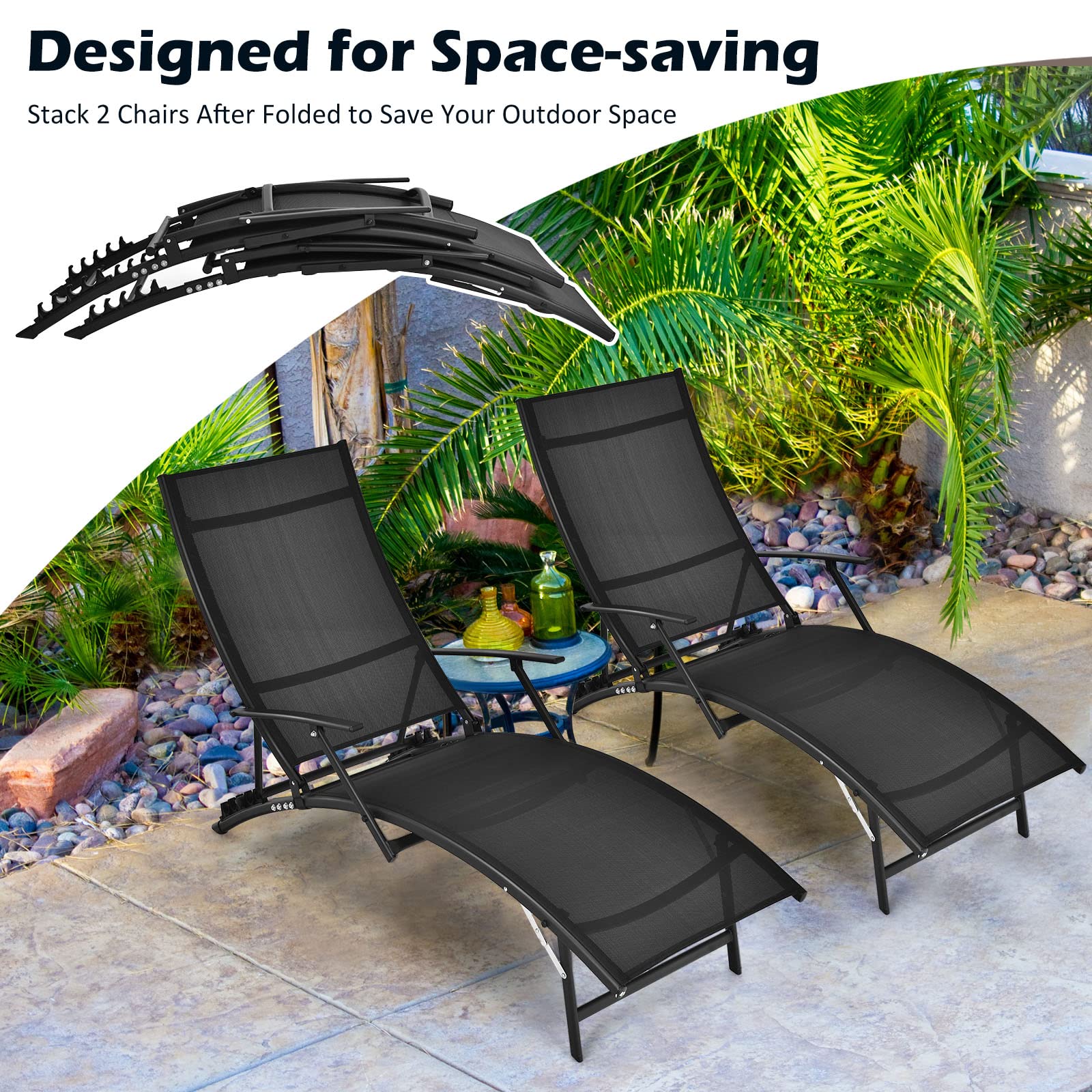 Giantex Set of 2 Patio Chaise Lounge Chairs, with 5-Level Adjustable Backrest, Armrests