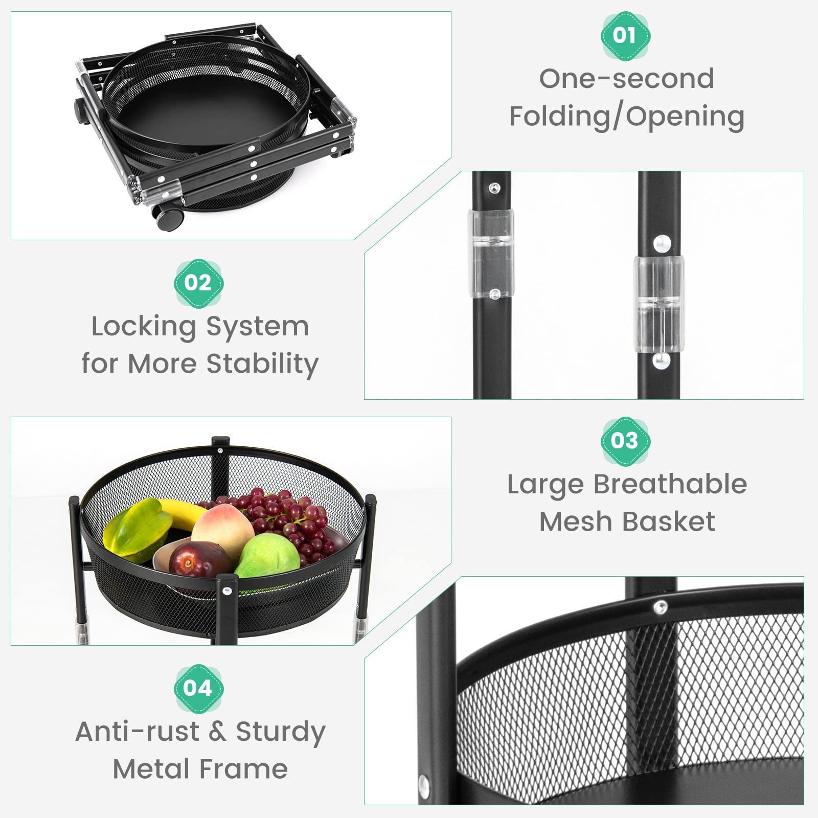 Giantex 3-Tier Fruit Vegetable Basket - 35" One-Second Folding Metal Wire Storage Basket with Wheels