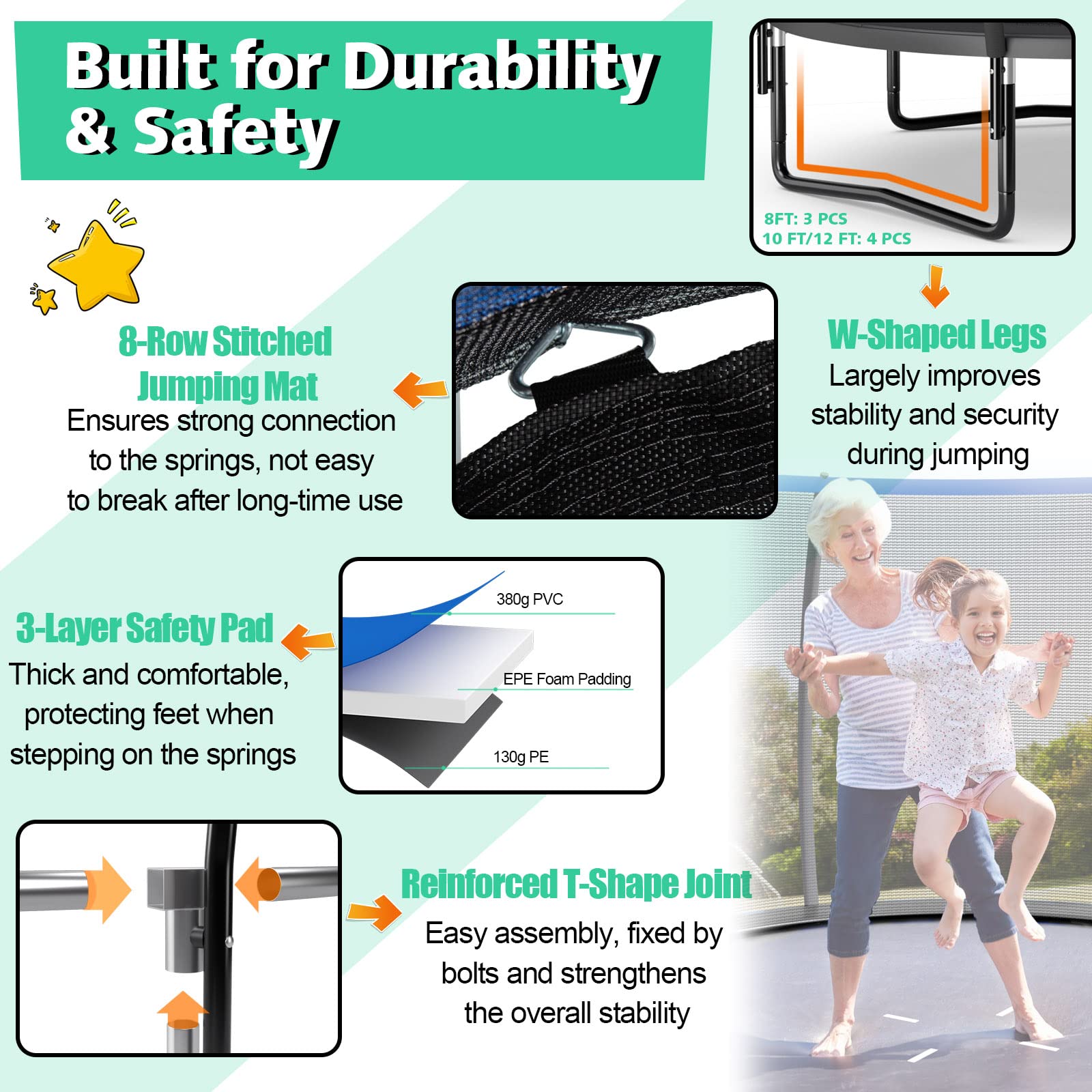 Giantex 8FT 10FT 12FT Trampoline with Enclosure, ASTM Approved Outdoor Large Trampoline with Ladder