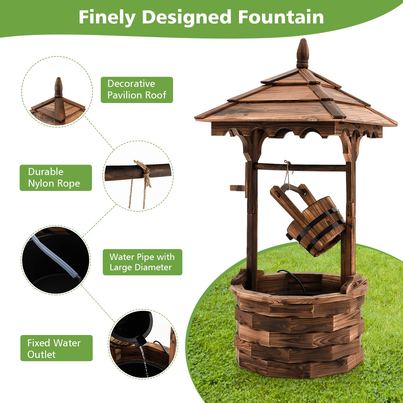 Giantex Rustic Wishing Well Fountain, Outdoor Wooden Water Fountain with Electric Pump