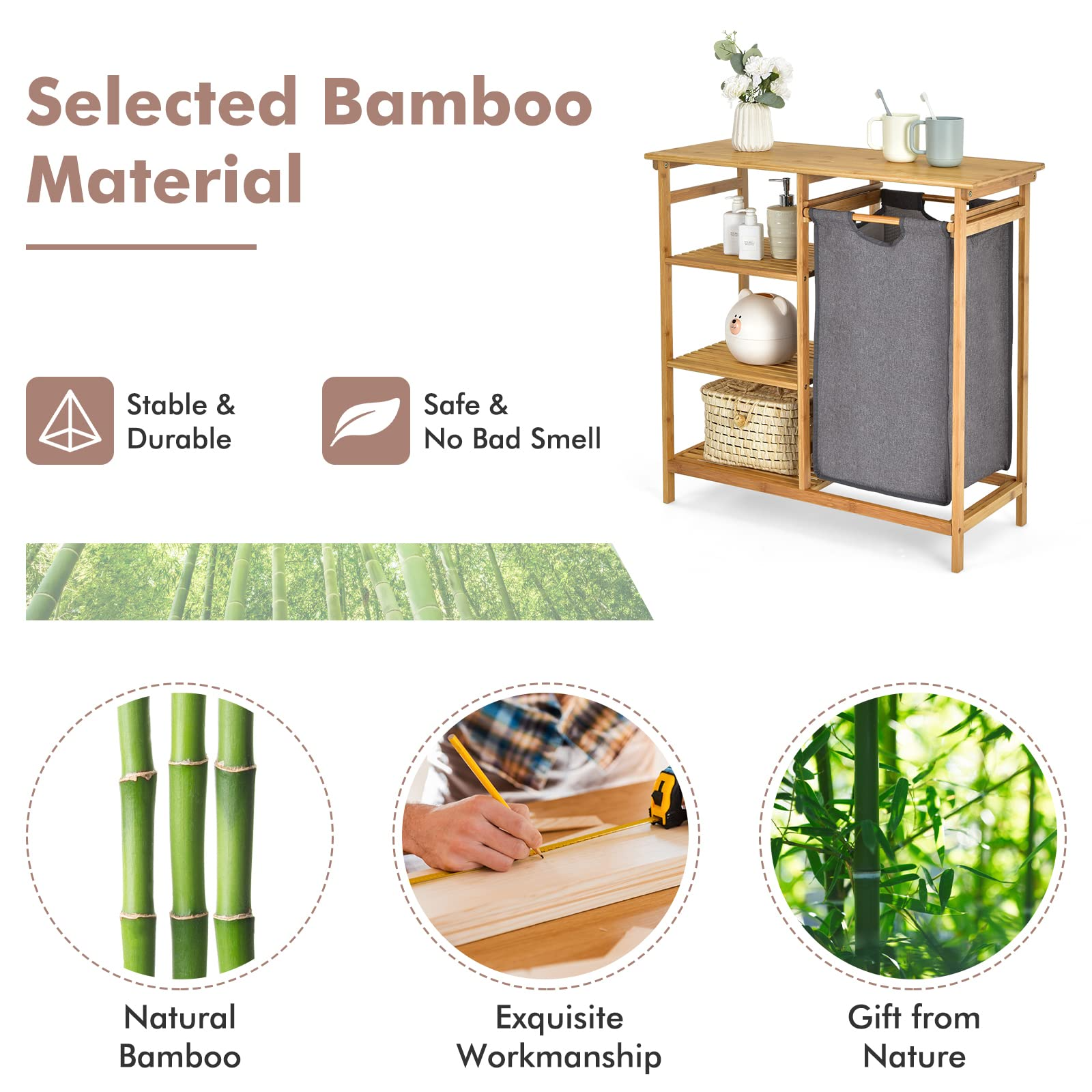 Freestanding Laundry Organizer w/ Removable Sliding Bag & 3-Tier Open Shelves
