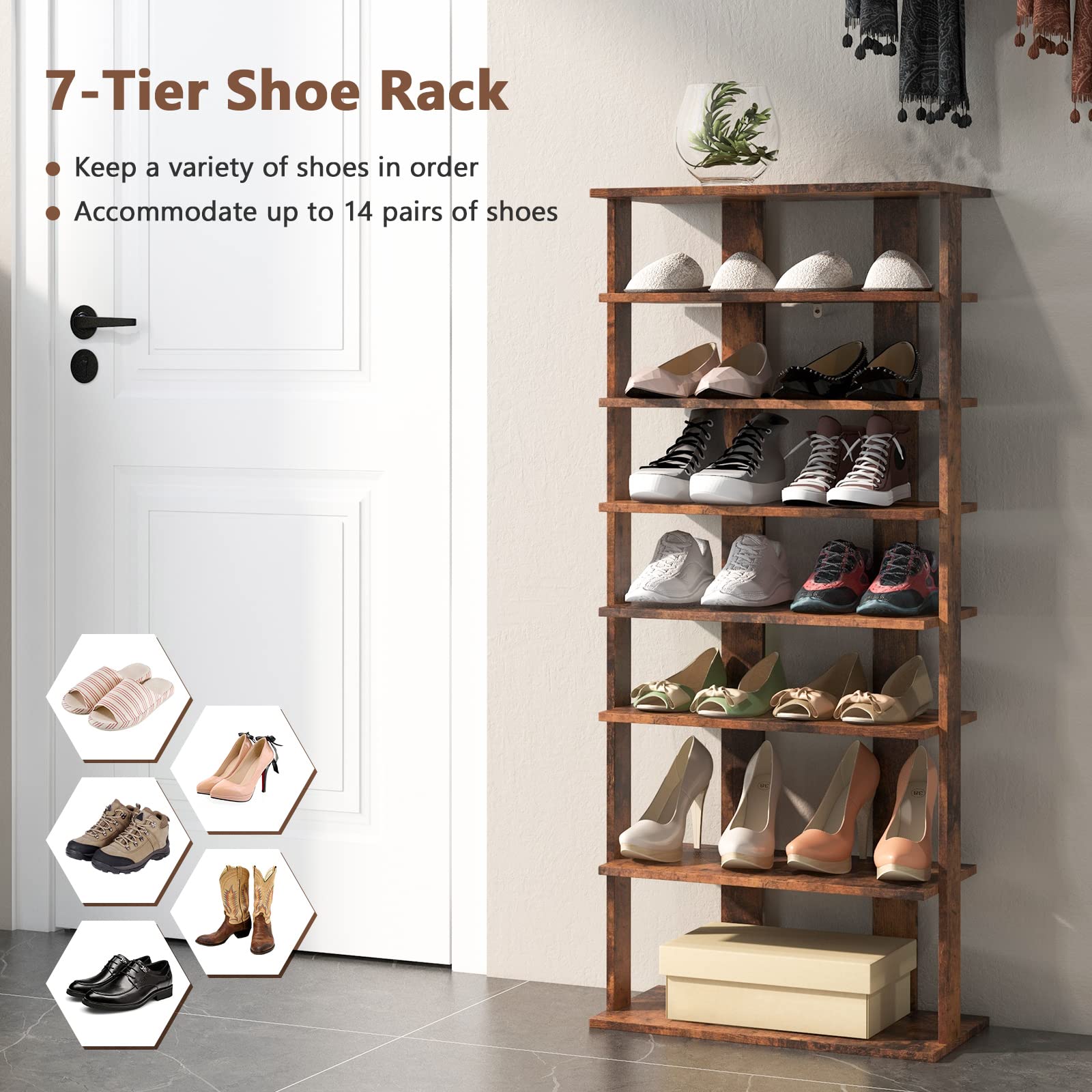 Giantex 7-Tier Wooden Shoe Rack, Double Row Shoe Organizer for 14 Pairs, Customizable Height