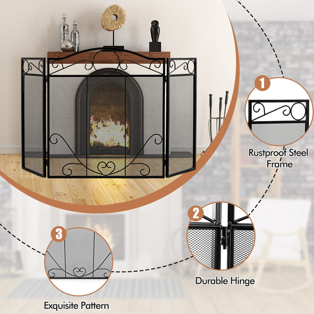 Giantex Foldable 3-Panel Fireplace Screen Black - 50x29 Inch No Assembly Required Freestanding Steel Mesh Fire Screen