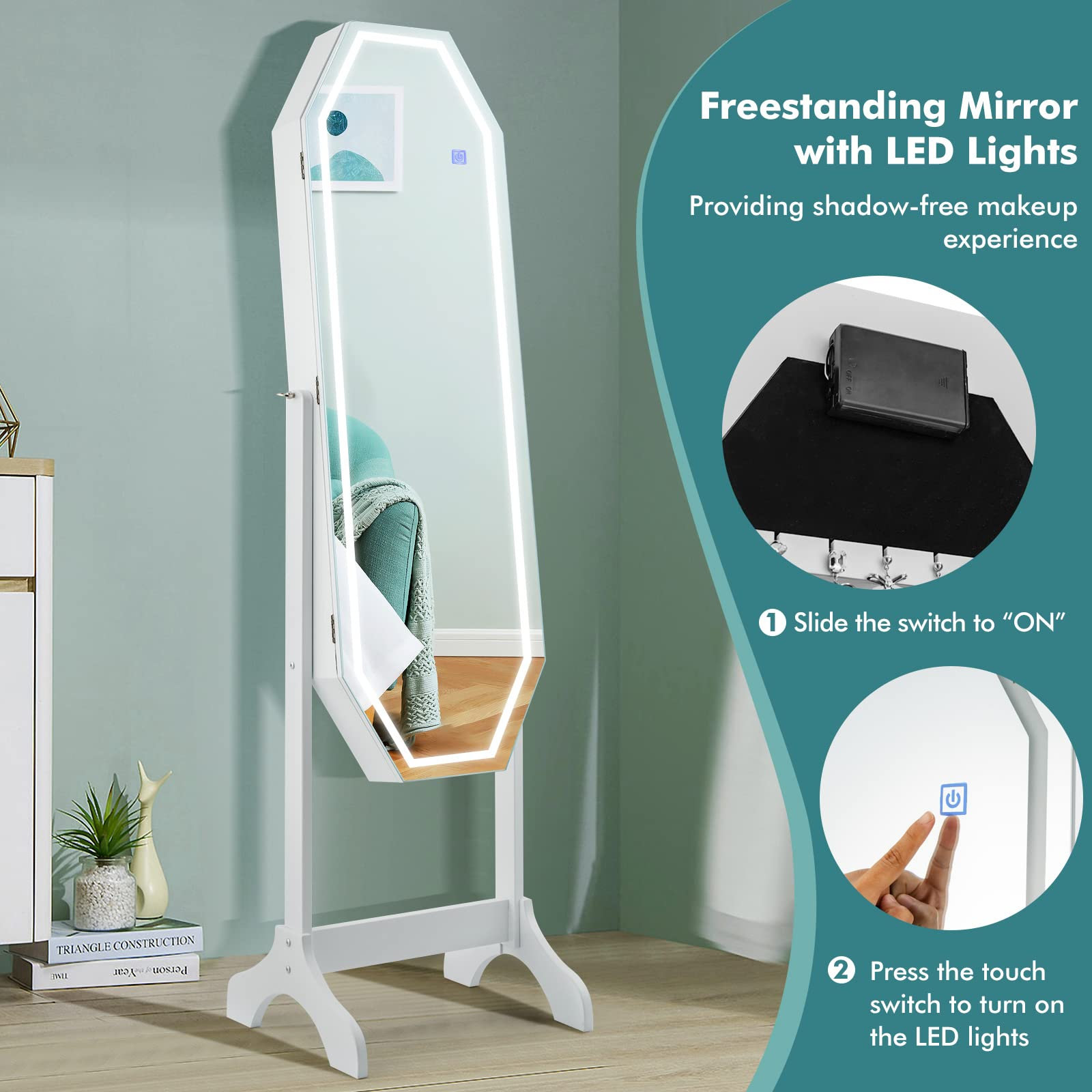 CHARMAID Jewelry Armoire with Full Length LED Mirror