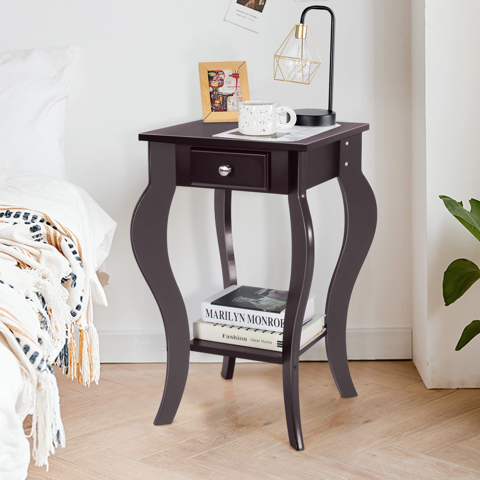 Nightstand w/Drawer & Shelf, Accent Sofa Side Table w/Curved Legs for Living Room