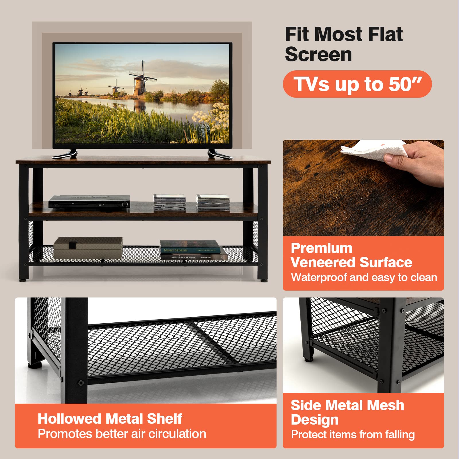 Giantex TV Stand for TV up to 50 Inches, 43.5 inch Wood Industrial TV Cabinet with 3-Tier Storage Shelves, Rustic Brown