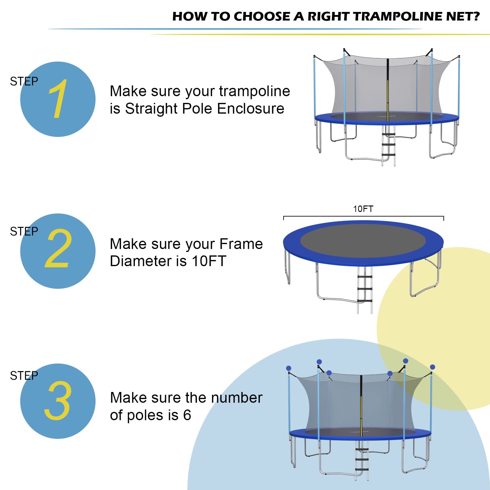 Trampoline Safety Net w/Adjustable Straps, 8 10 12 14 15 16Ft Weather-Resistant Replacement Enclosure Net