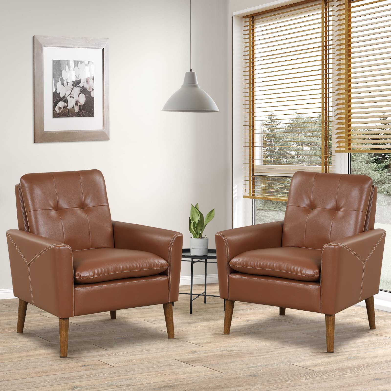 Giantex Modern Leather Accent Chair - Mid-Century Arm Chairs for Living Room, Max Load 400lbs, Brown