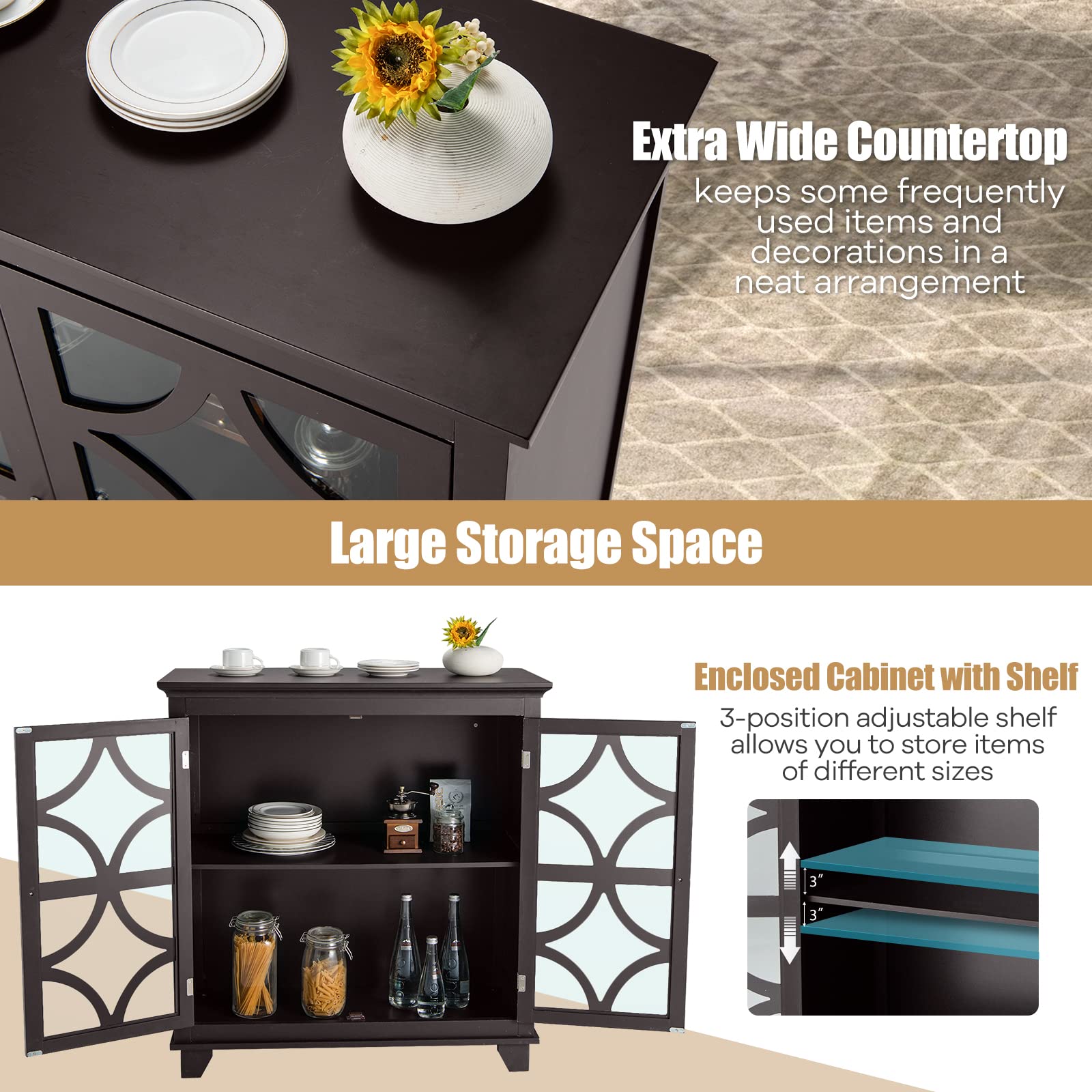 Giantex Buffet Sideboard, Freestanding Kitchen Cupboard w/Adjustable Shelf, 2 Decorative Glass Doors