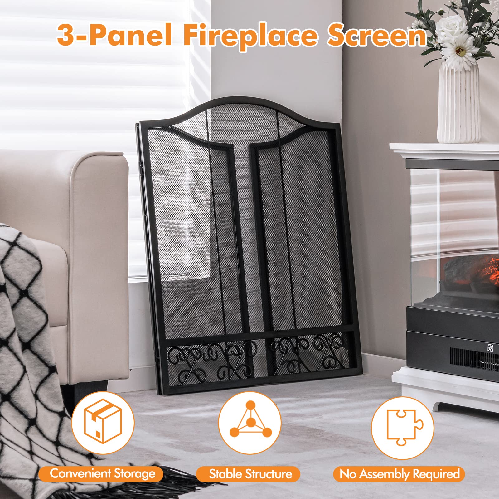 Giantex 3-Panel Folding Fireplace Screen Black - 50 x 31 Inch No Assembly Required Decorative Freestanding Steel Mesh Fire Screen