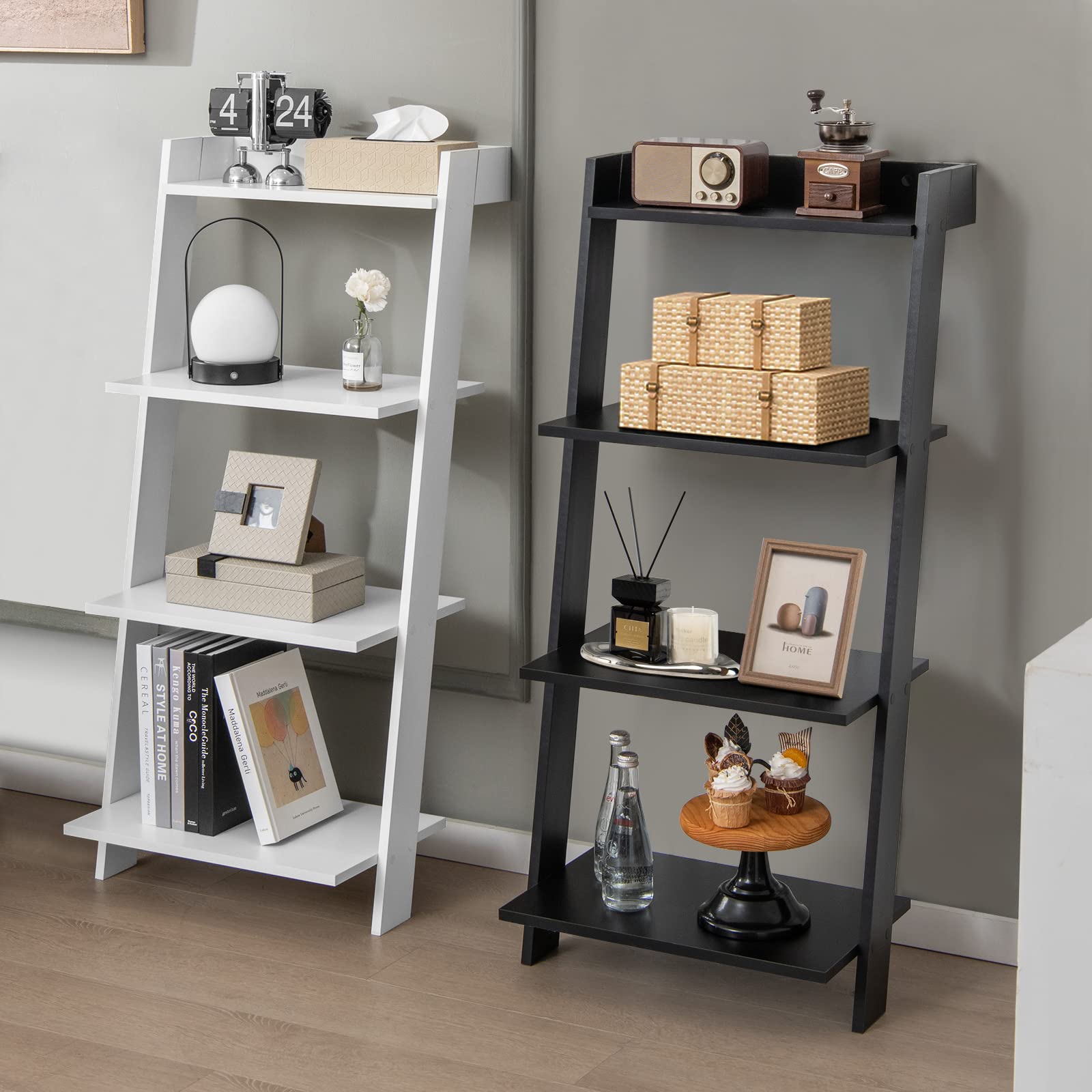Giantex 4-Tier Wooden Ladder Shelf - Wall Leaning Storage Shelves with Anti-toppling Device
