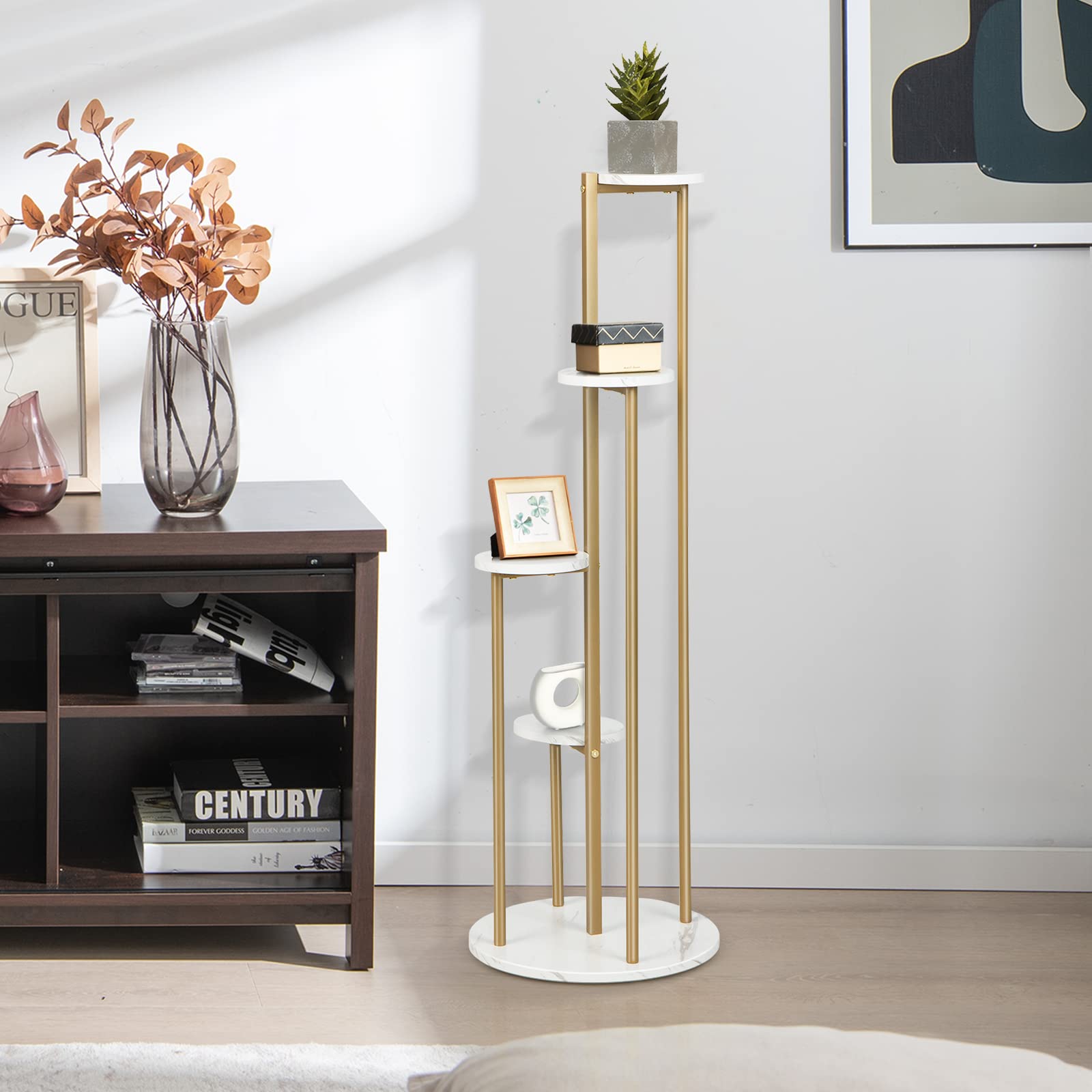 Giantex 4 Tier Plant Stand Indoor, Tall Plant Shelf with Marble Texture for Multiple Potted Plants, Tiered Metal Plant Holder Flower Display Rack for Living Room Balcony Porch