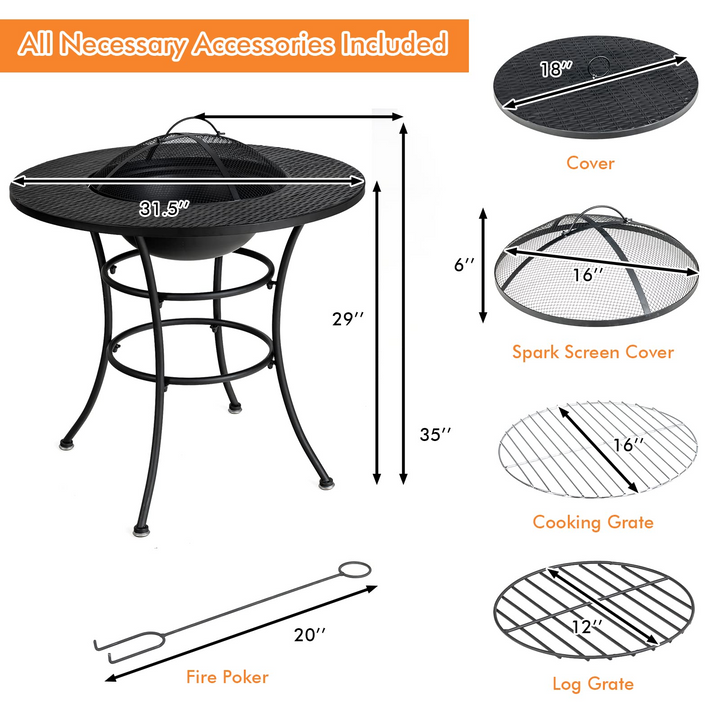 Giantex Fire Pit for Outside 32 Inch, 4-In-1 Multifunctional Dining Table for Camping,Metal Round Small Outdoor Fire Pits