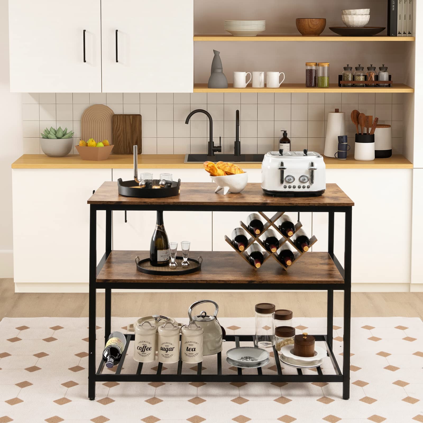 Giantex Kitchen Island with 3 Tier Storage Shelves, 48 Inch Baker Rack with Spacious Worktop (Rustic Brown & Black)