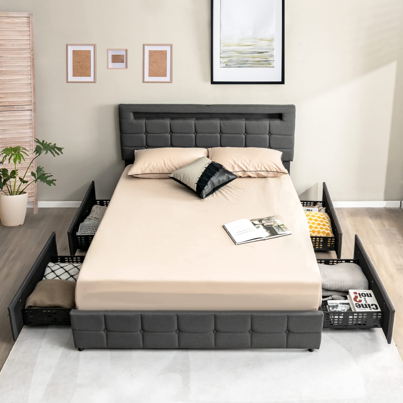 Giantex Queen Bed Frame with LED Lights and 4 Drawers, Upholstered Platform Bed Frame with USB Ports