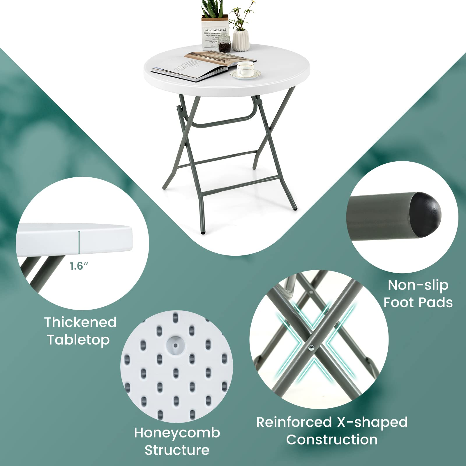 Giantex 32 Inches Round Folding Table, Portable Plastic Card Table with Thickened HDPE Tabletop and Sturdy Metal Frame, White