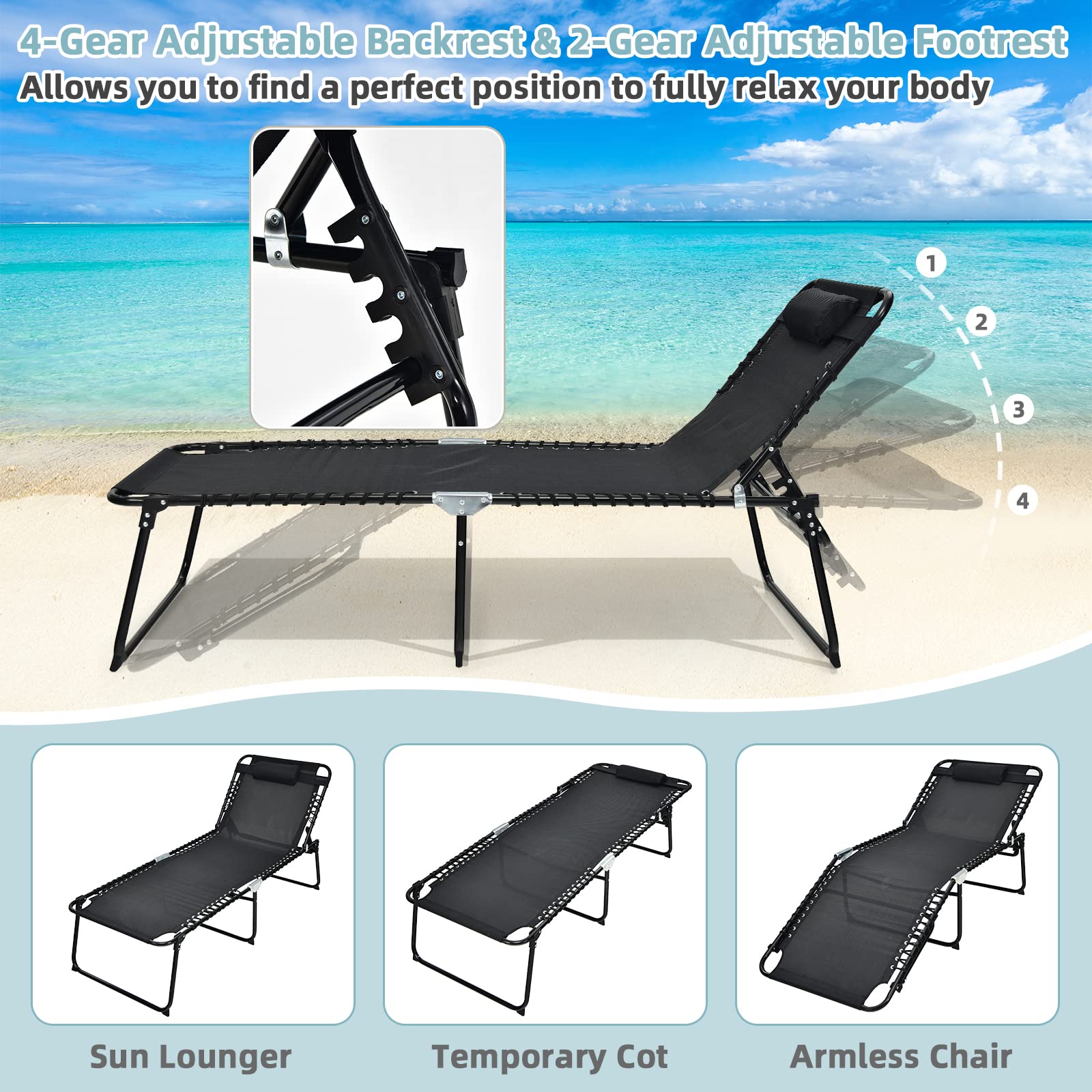 Giantex Patio Lounge Chair Folding Tanning Chair, Sunbathing Chaise Lounge W/Removable Headrest