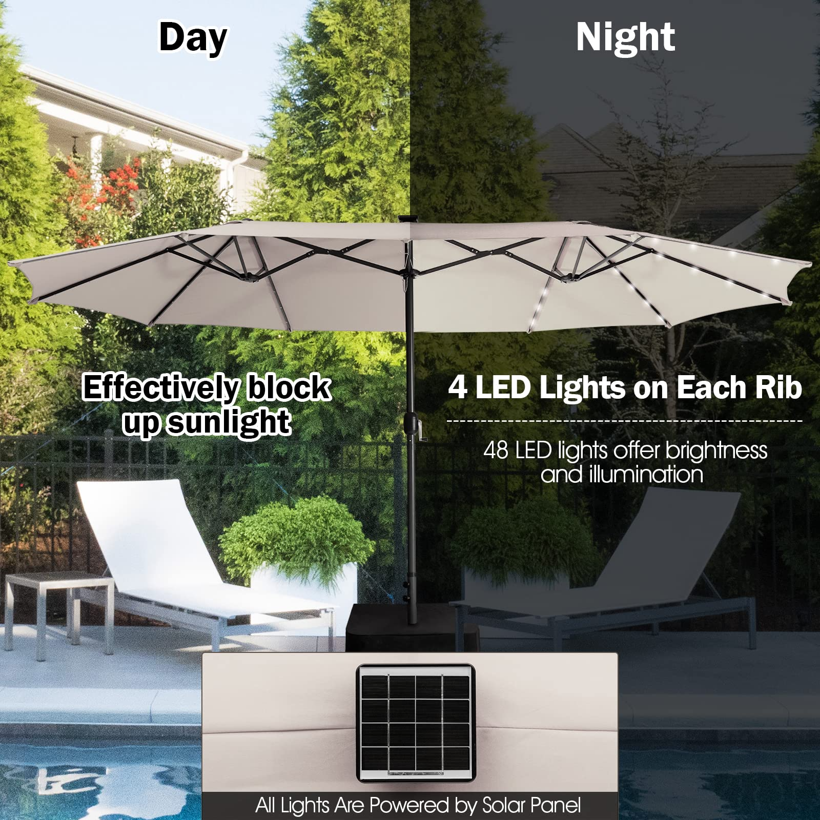 15ft Large Outdoor Umbrella Double-Sided, 48 Solar Lights, Auto-Charging Solar Panel