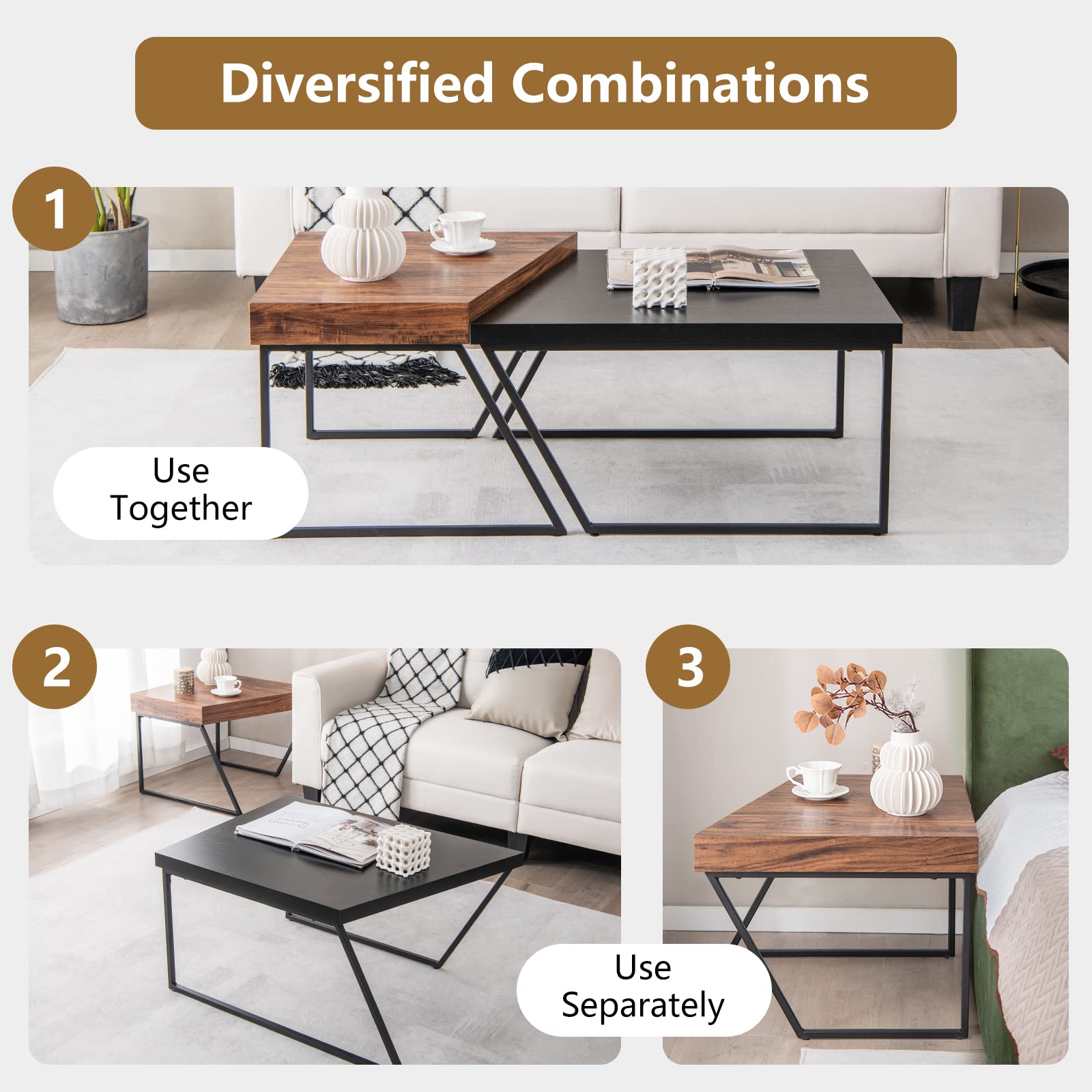 Giantex Stacking Coffee Table Set of 2, Black & Brown Modern Side Table