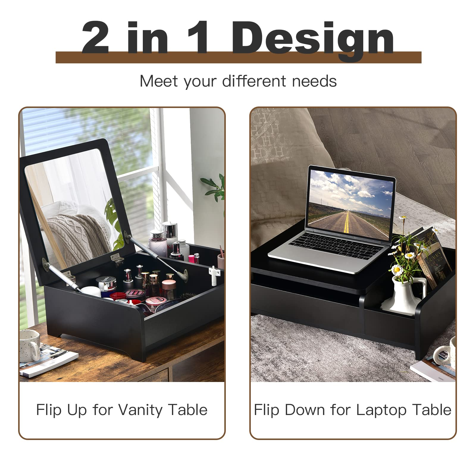 Countertop Vanity with Flip Top Mirror, 24inch Tabletop Laptop Desk with 2 Compartments Organizer