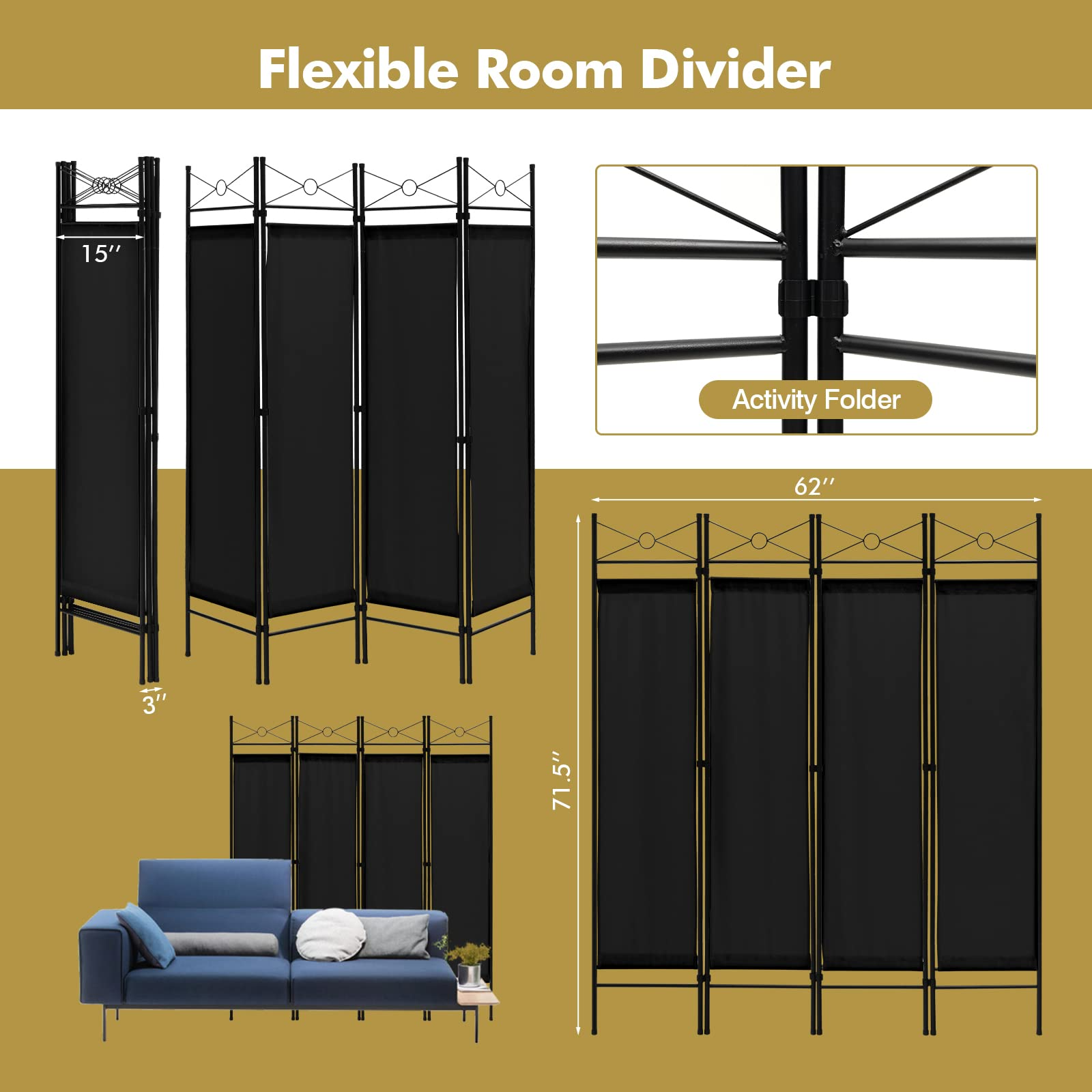 4 Panel Room Divider | 6 Ft Steel Frame Folding Privacy Screen
