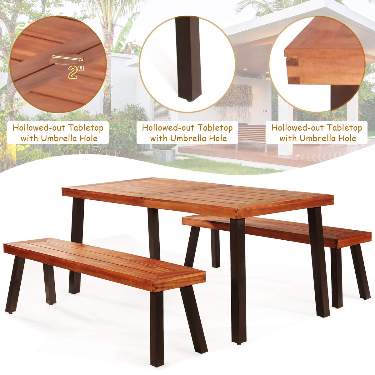 Patio Dining Table Set with 2 Benches, Outdoor Picnic Table Set with Umbrella Hole