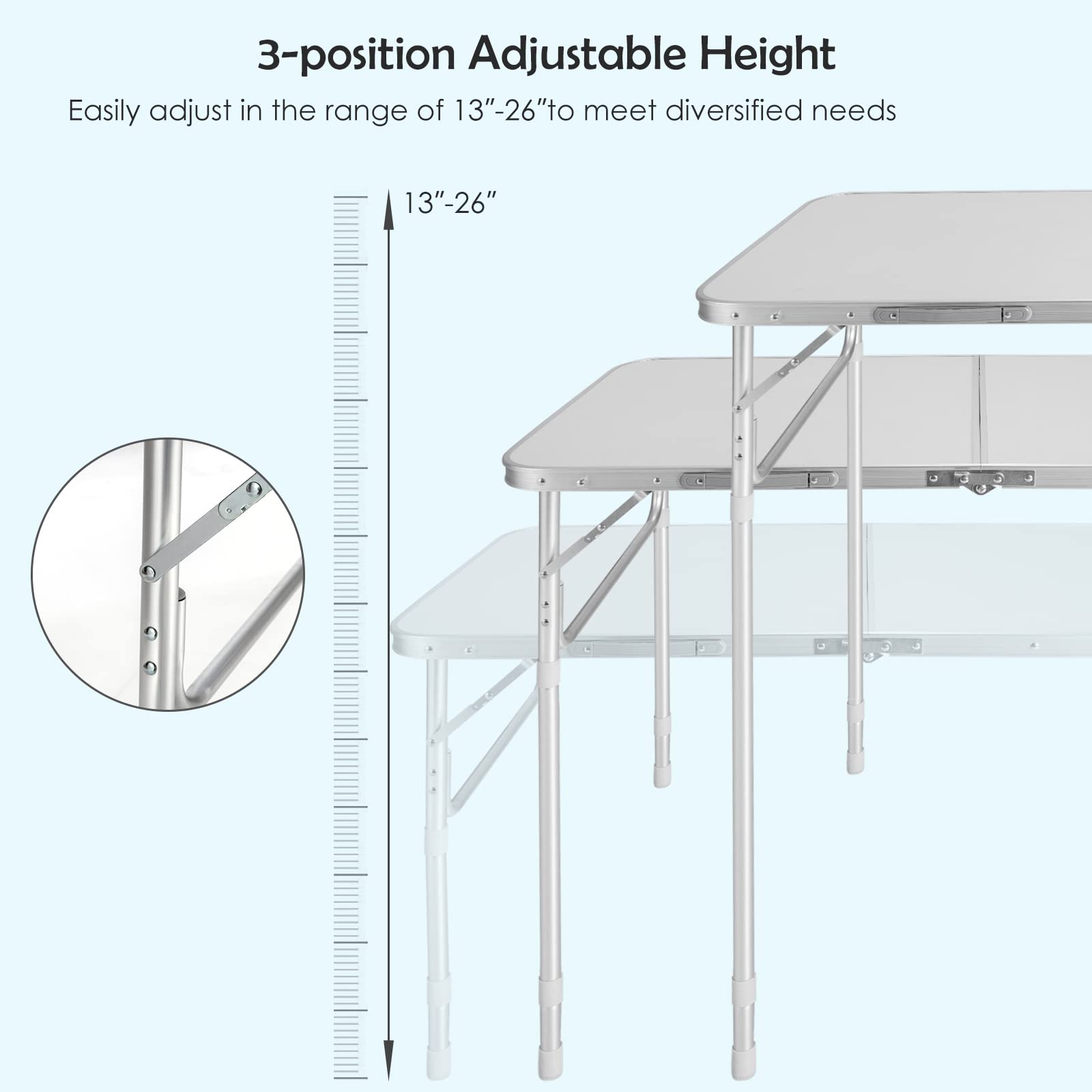 Set of 2 Camping Table, Folding Picnic Table, Height Adjustable Aluminum Fold Up Beach Table