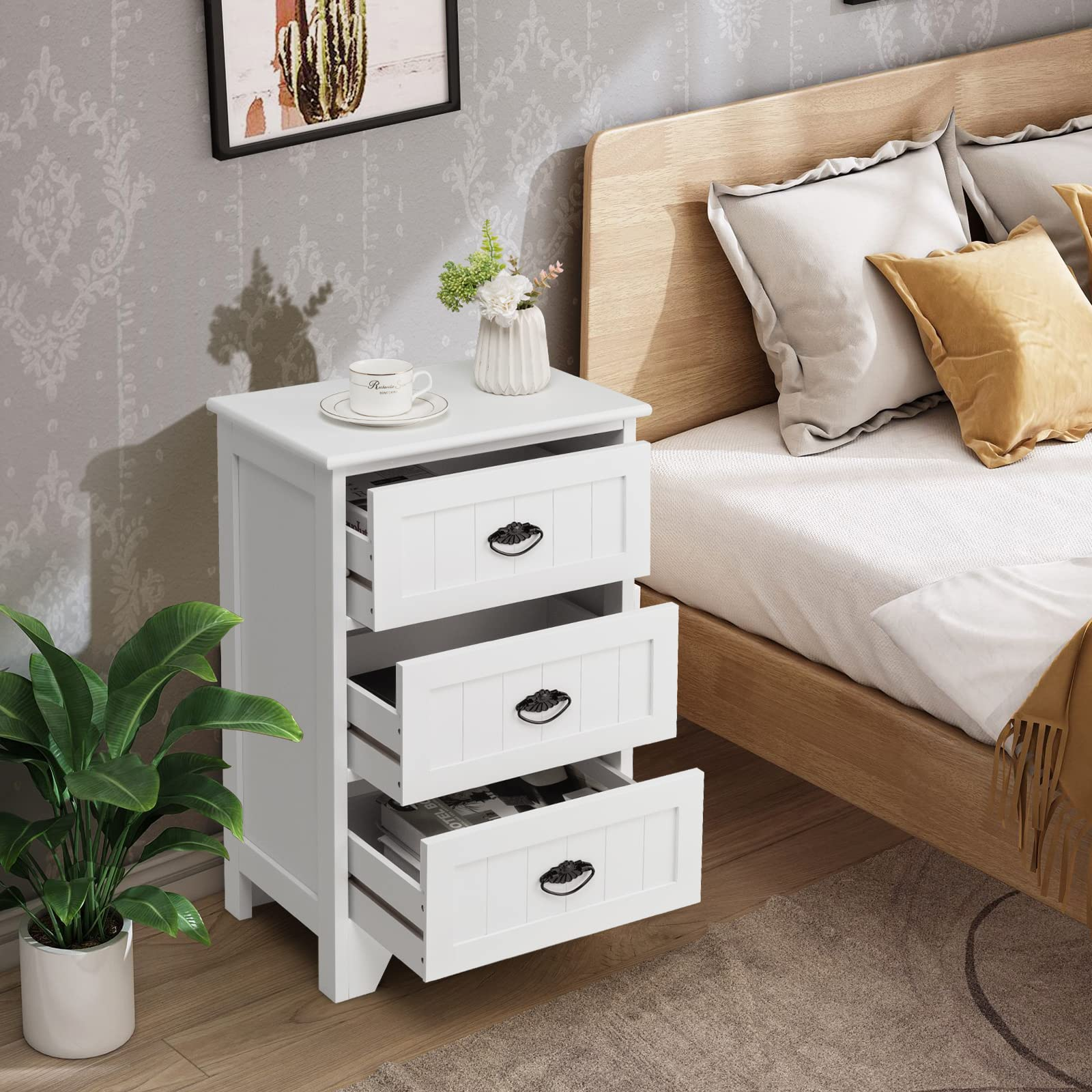 Giantex Nightstand with 3 Drawers Bedside Table Giantexus