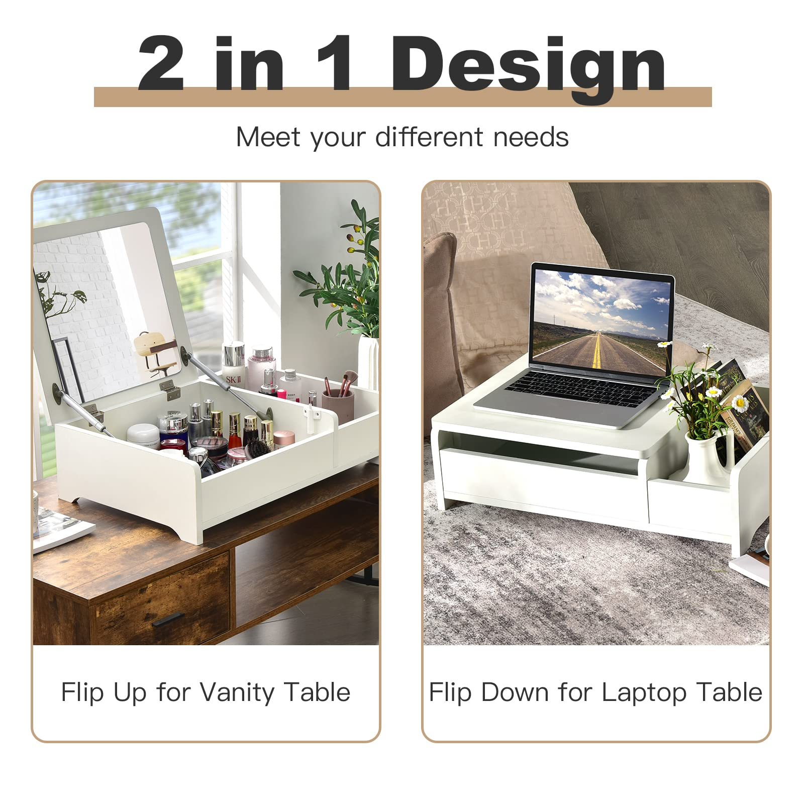 Countertop Vanity with Flip Top Mirror, 24inch Tabletop Laptop Desk with 2 Compartments Organizer