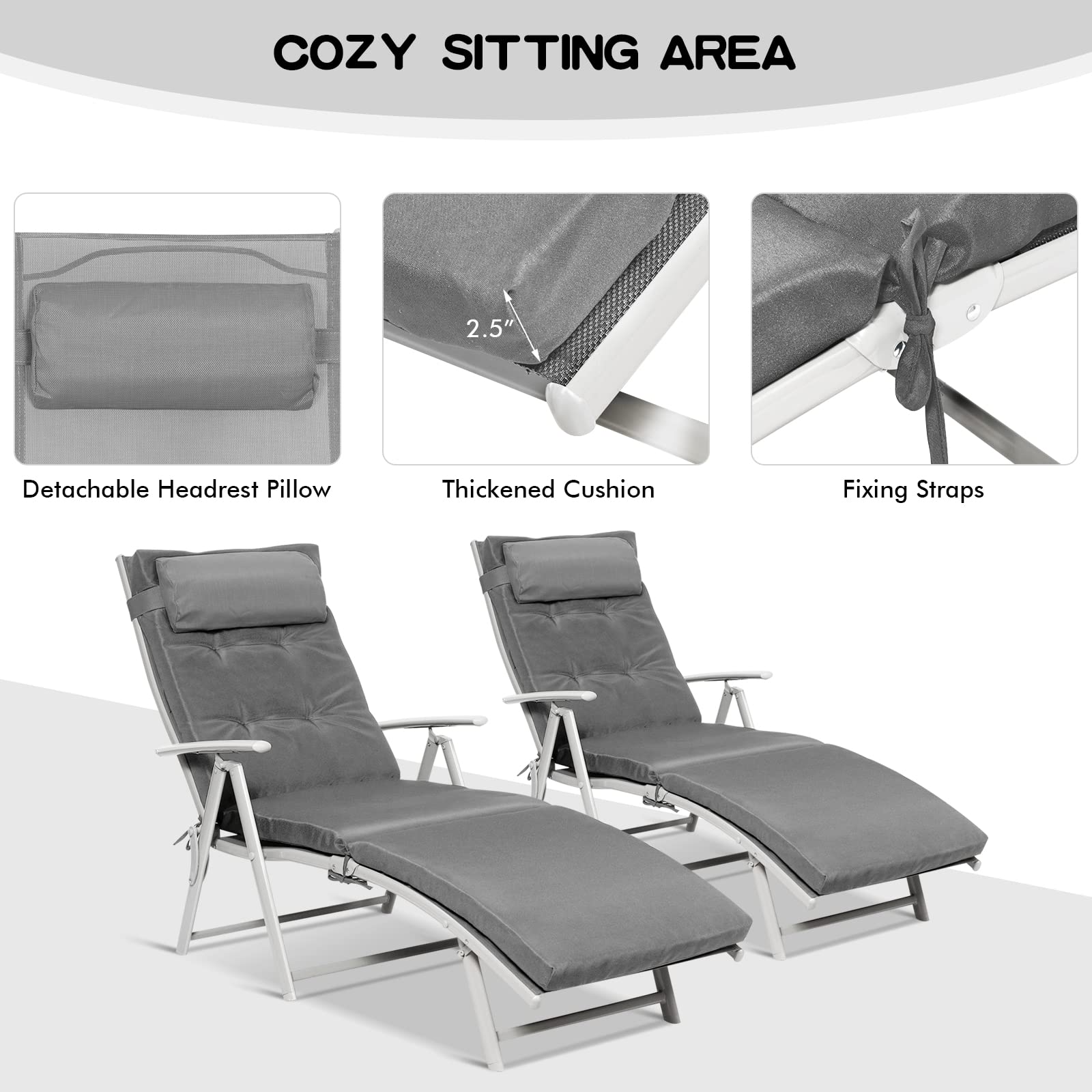 Pool Folding Reclining Beach Chair W/Removable Cushion&Headrest Pillow