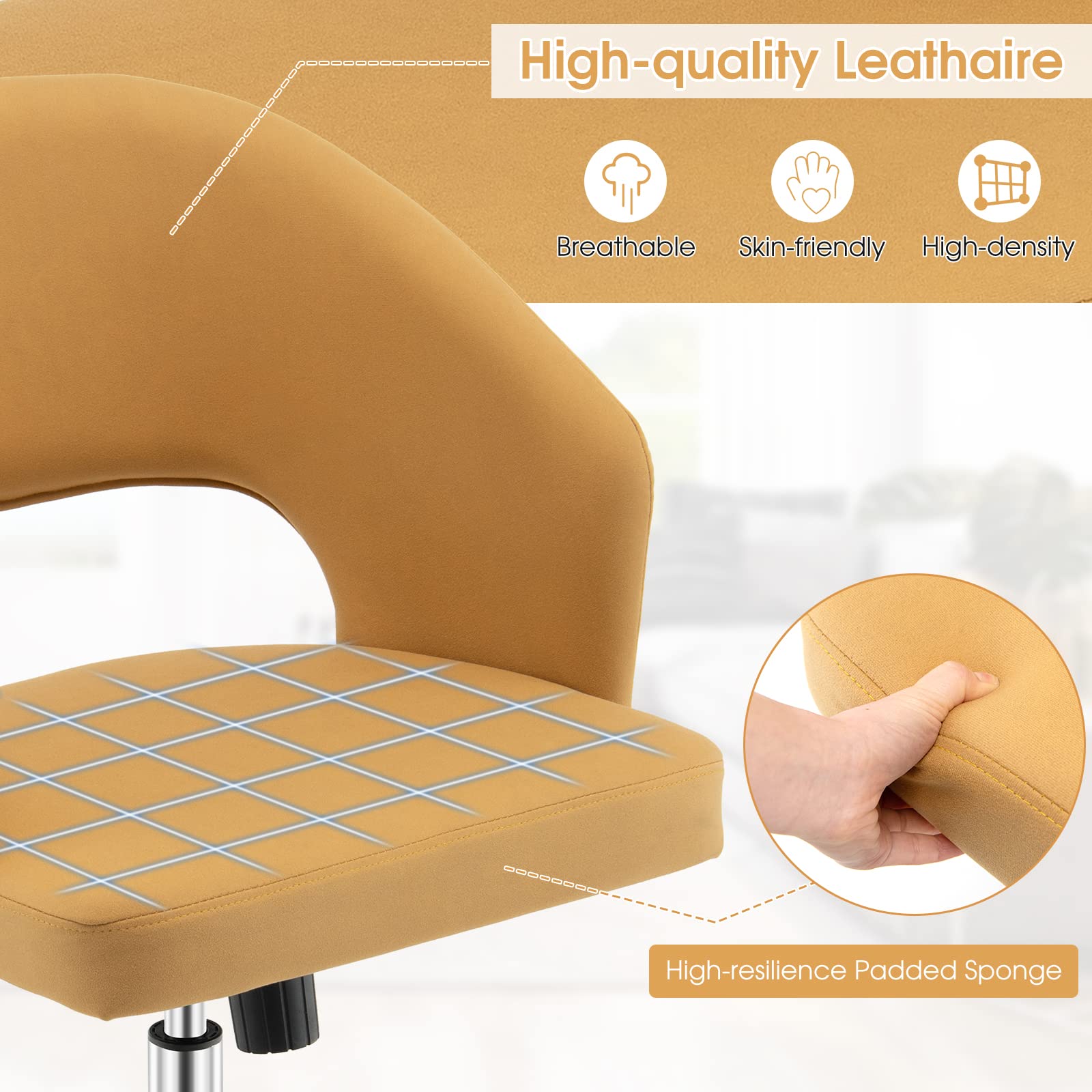 Giantex Home Office Desk Chair, Mid Back Swivel Chair with Hollow Design & Height Adjustable (Yellow)
