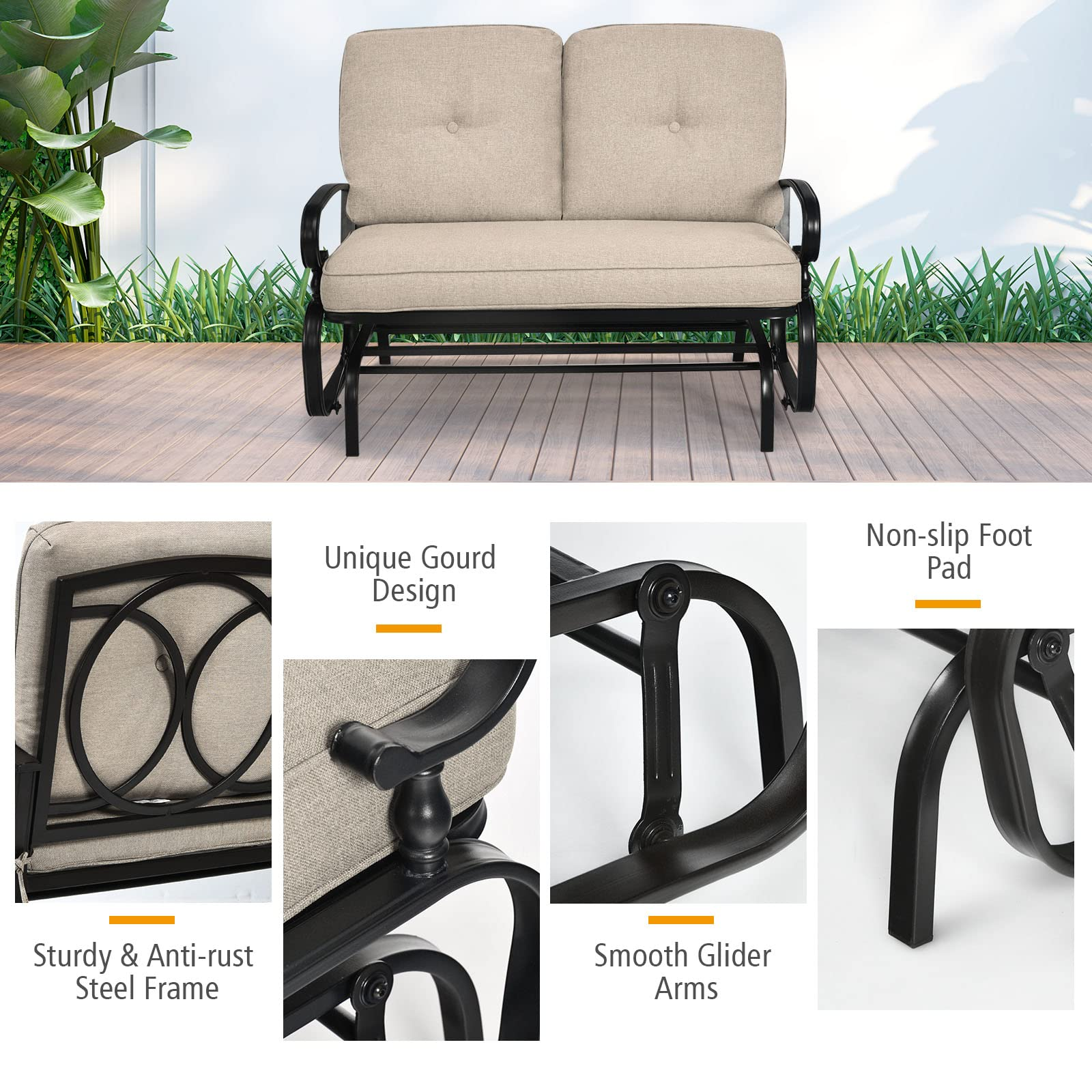 Giantex Outdoor Glider Bench Patio Loveseat with Cushions