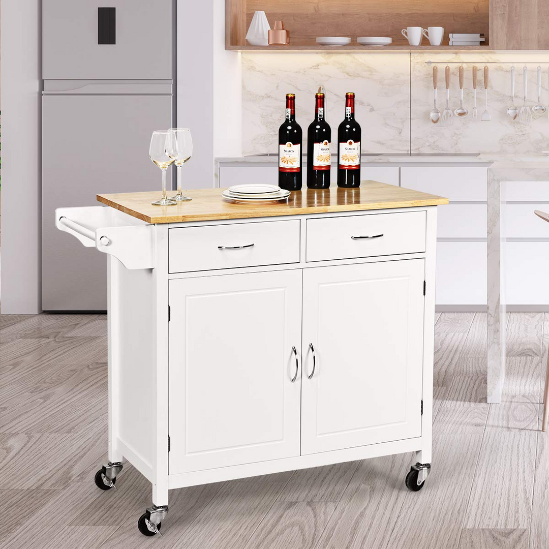Giantex Kitchen Island, Rolling Kitchen Cart, Wood Counter Top, Bar Dining Room Organizer Furniture, White