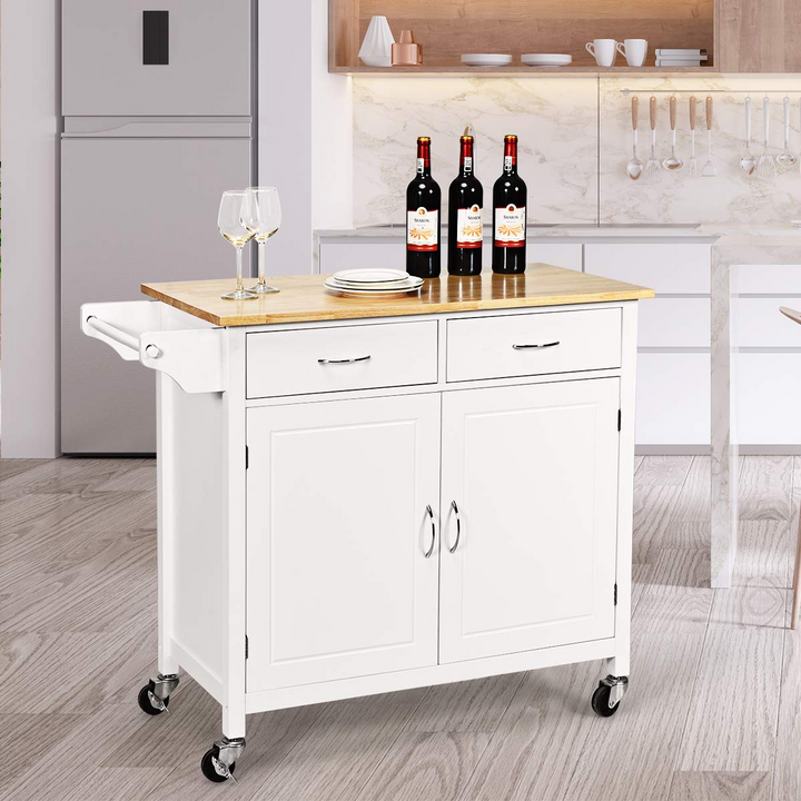 Giantex Kitchen Island, Rolling Kitchen Cart, Wood Counter Top, Bar Dining Room Organizer Furniture, White