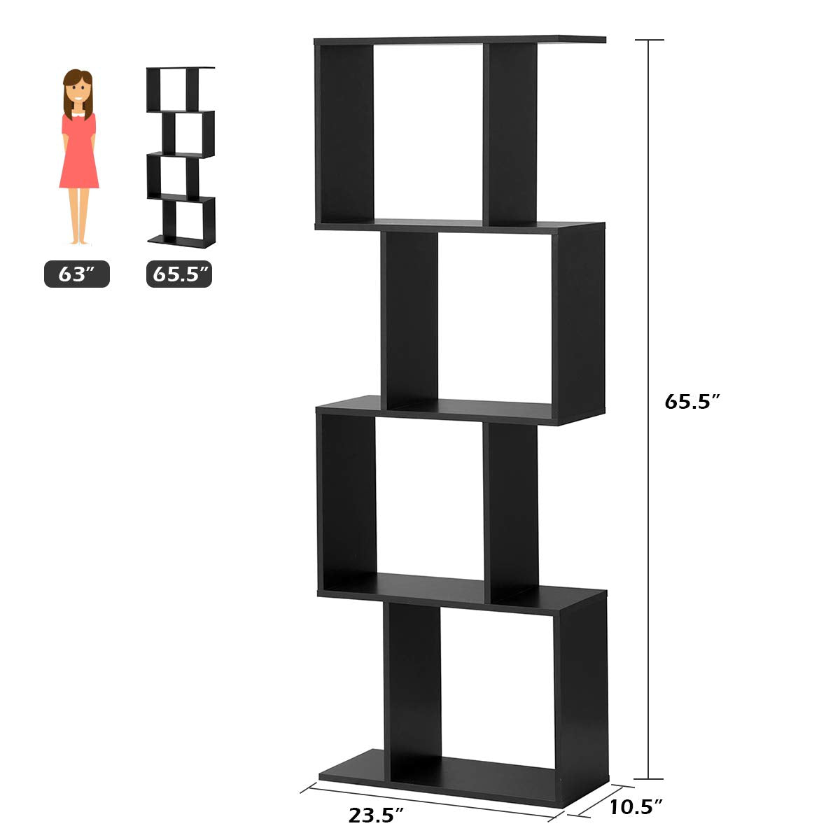 4 Tier Bookshelf S Shaped Bookcase, Multifunctional Wooden Display Decor Furniture