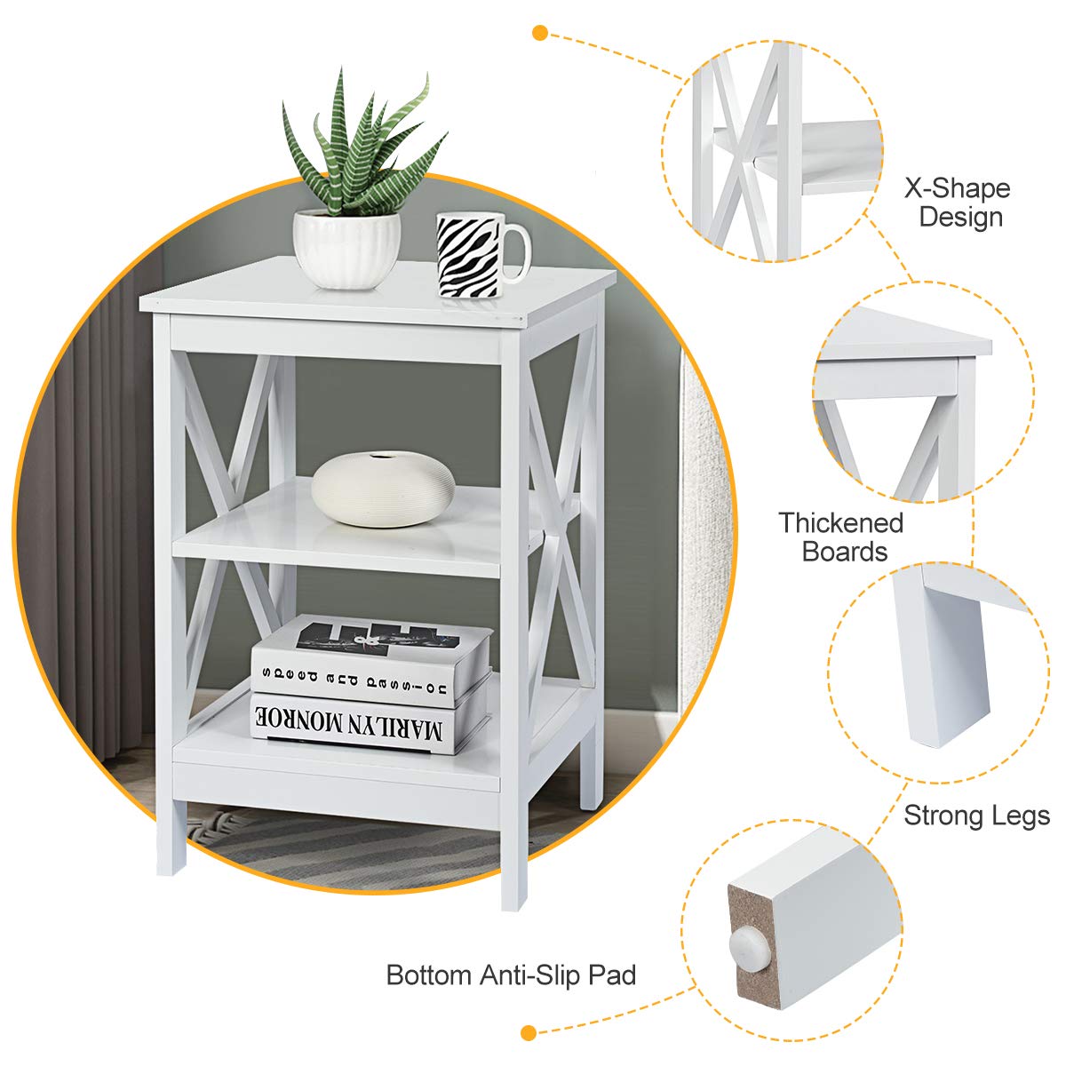 Nightstand 3-Tier X-Design W/Storage Shelves and Stable Structure Storage Organizer Display Sofa Side Table