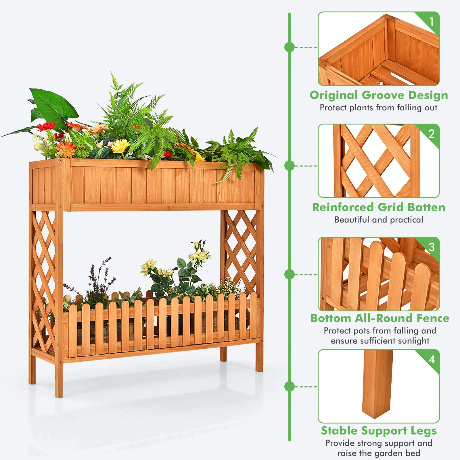 2-Tier Wood Potted Plant Rack with Fence